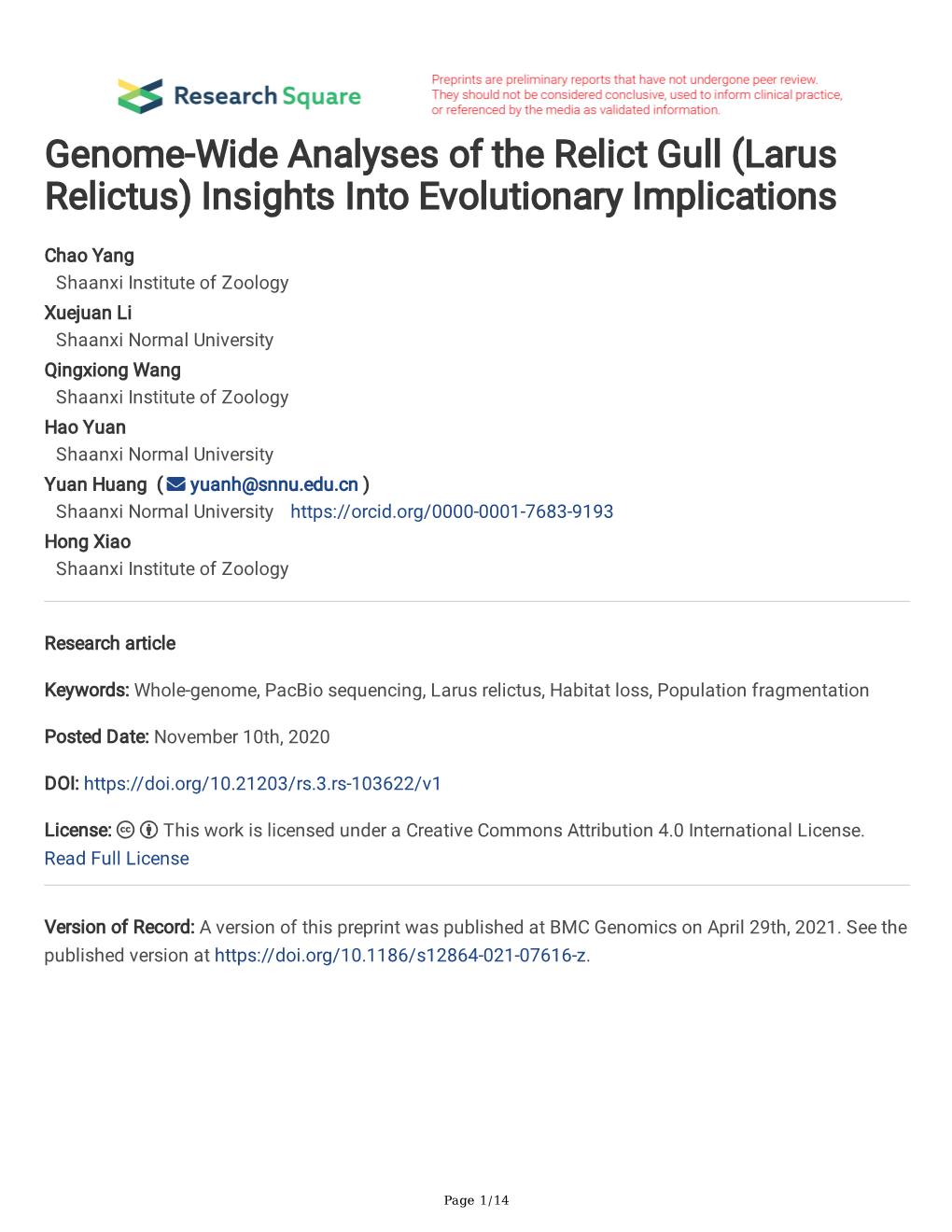 Genome-Wide Analyses of the Relict Gull (Larus Relictus) Insights Into Evolutionary Implications