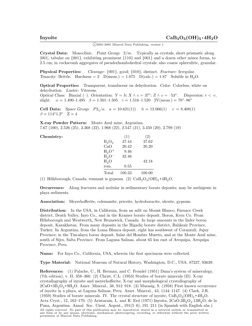 Inyoite Cab3o3(OH)5 • 4H2O C 2001-2005 Mineral Data Publishing, Version 1