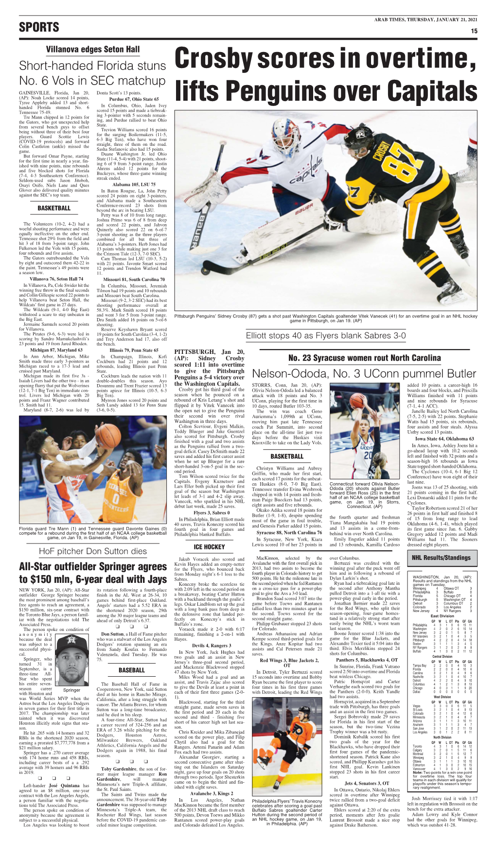 Crosby Scores in Overtime, Lifts Penguins Over Capitals