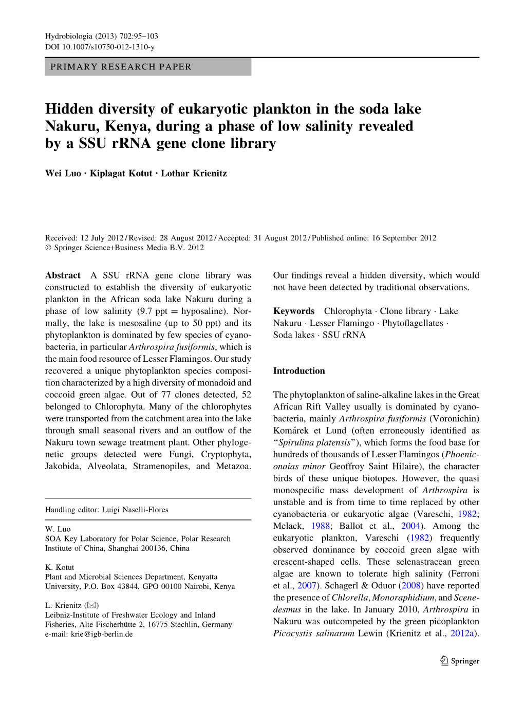 Hidden Diversity of Plankton in the Soda Lake Nakuru, Kenya, During A