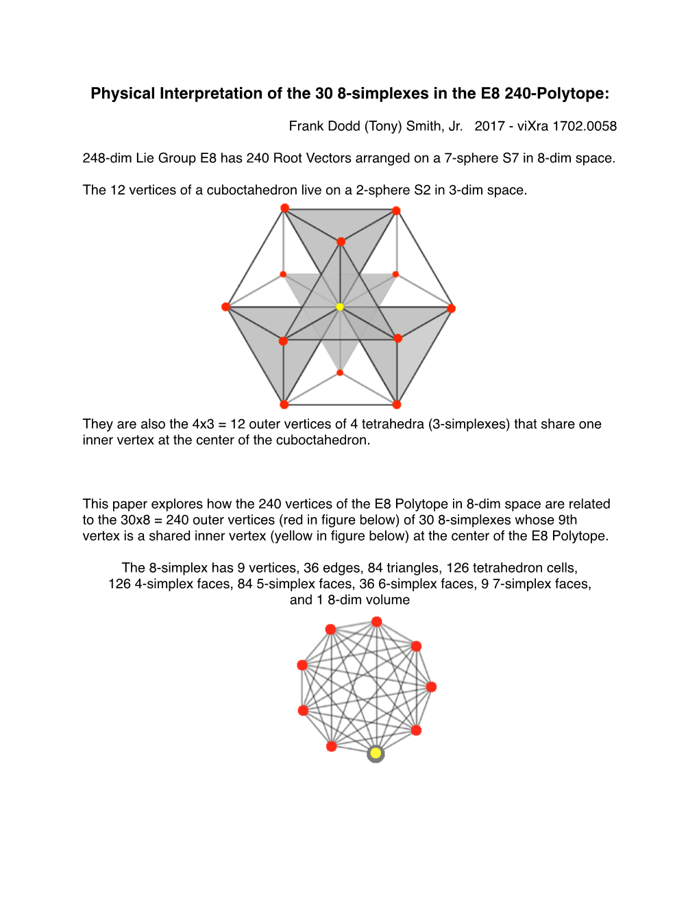 Physical Interpretation of the 30 8-Simplexes in the E8 240-Polytope