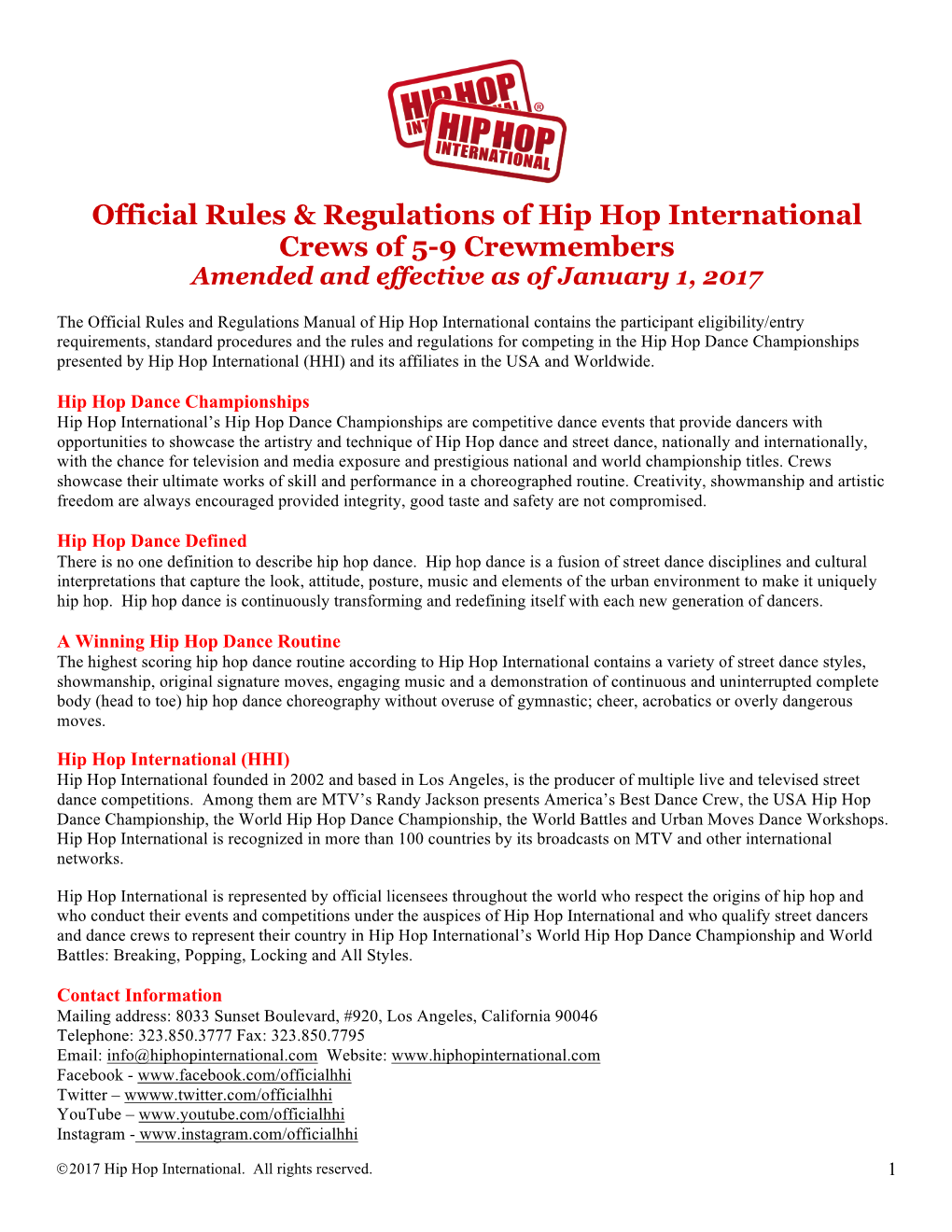 Official Rules & Regulations of Hip Hop International Crews of 5-9