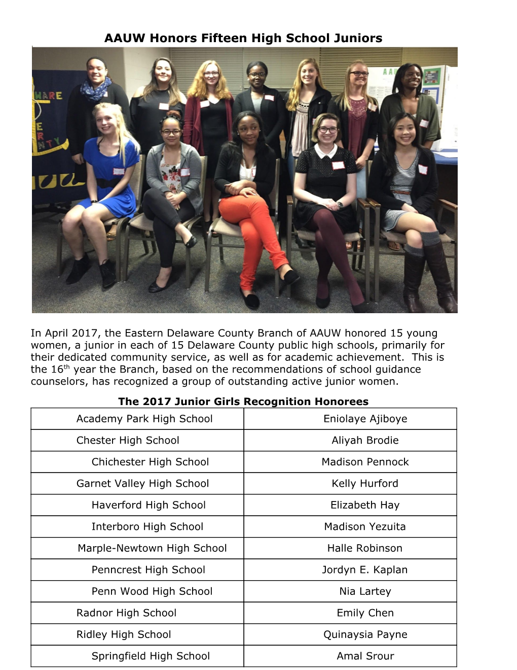 AAUW Honors Fifteen High School Juniors