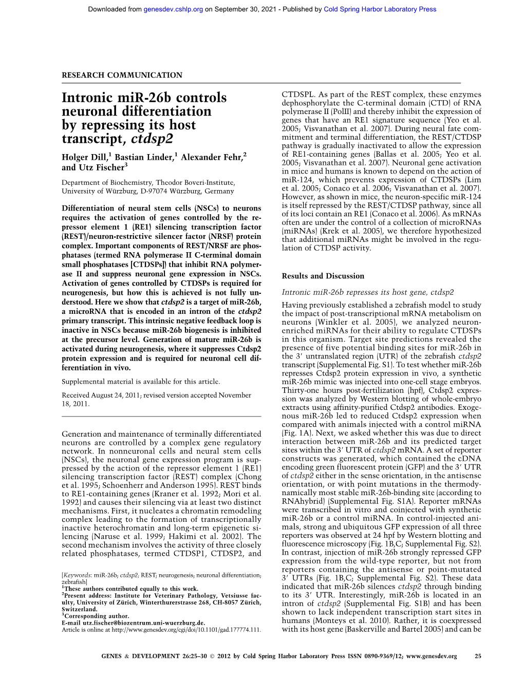 Intronic Mir-26B Controls Neuronal Differentiation by Repressing Its Host Transcript, Ctdsp2