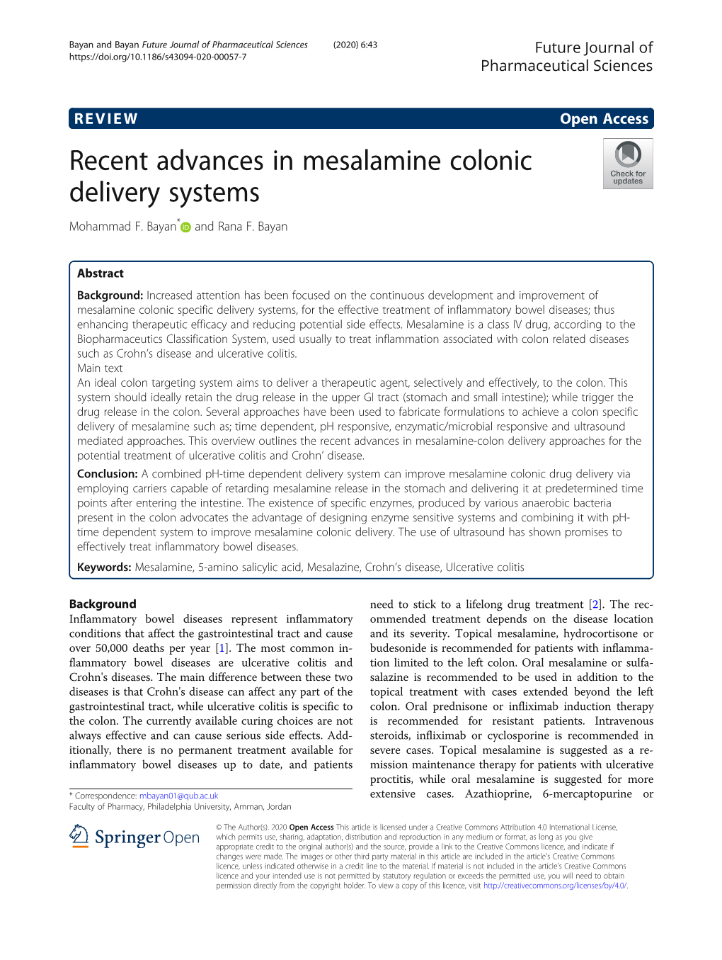 Recent Advances in Mesalamine Colonic Delivery Systems Mohammad F