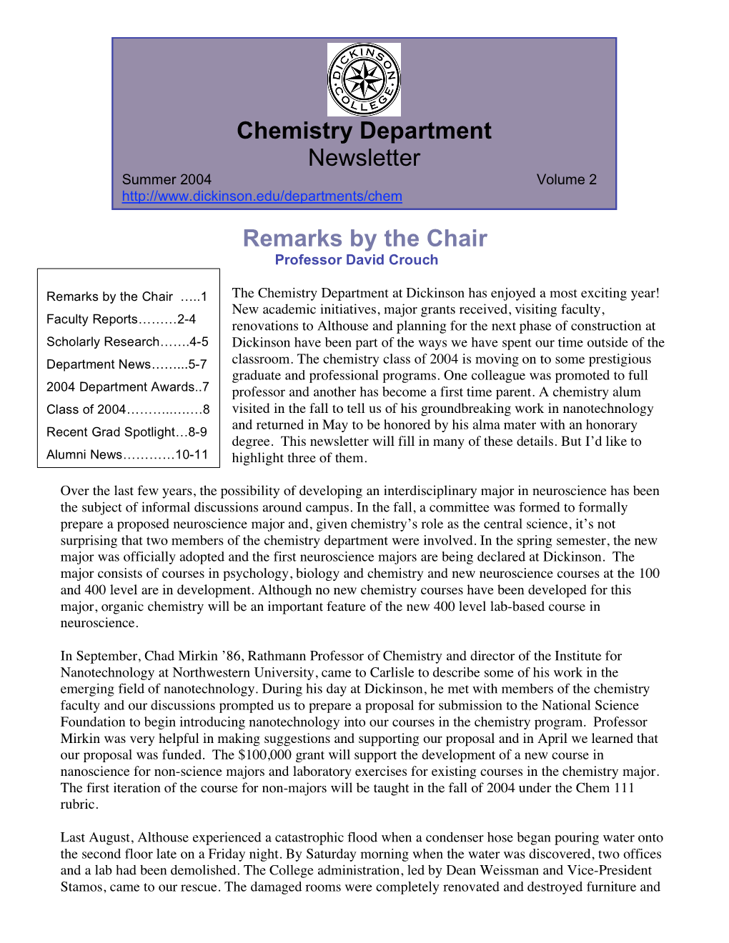 Remarks by the Chair Chemistry Department