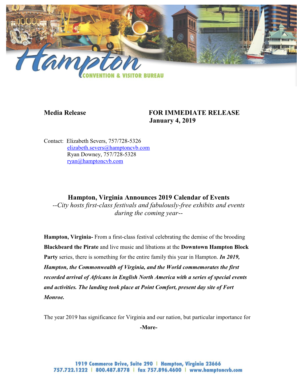 Hampton, Virginia Announces 2019 Calendar of Events --City Hosts First-Class Festivals and Fabulously-Free Exhibits and Events During the Coming Year