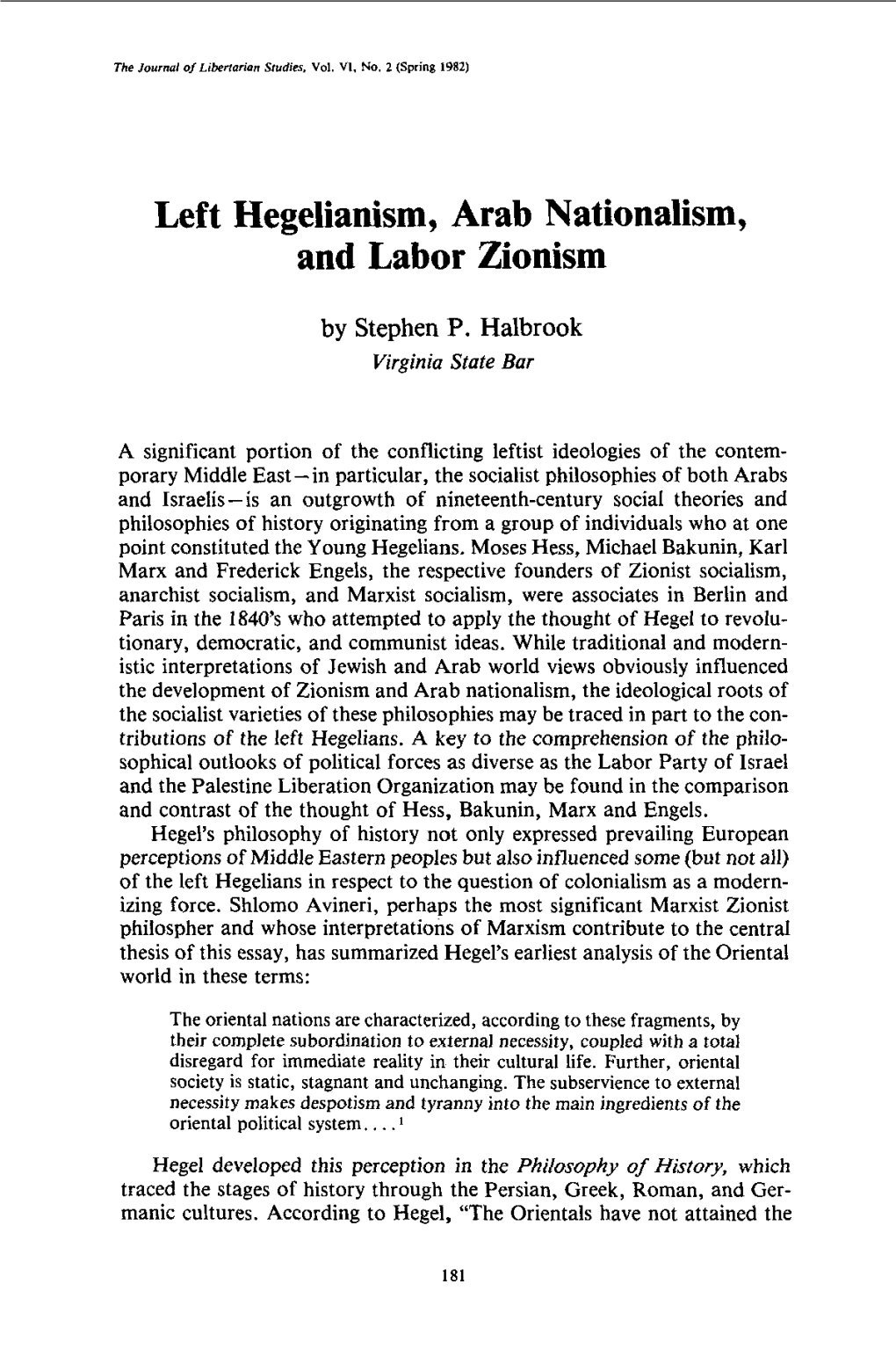 Left Hegelianism, Arab Nationalism, and Labor Zionism