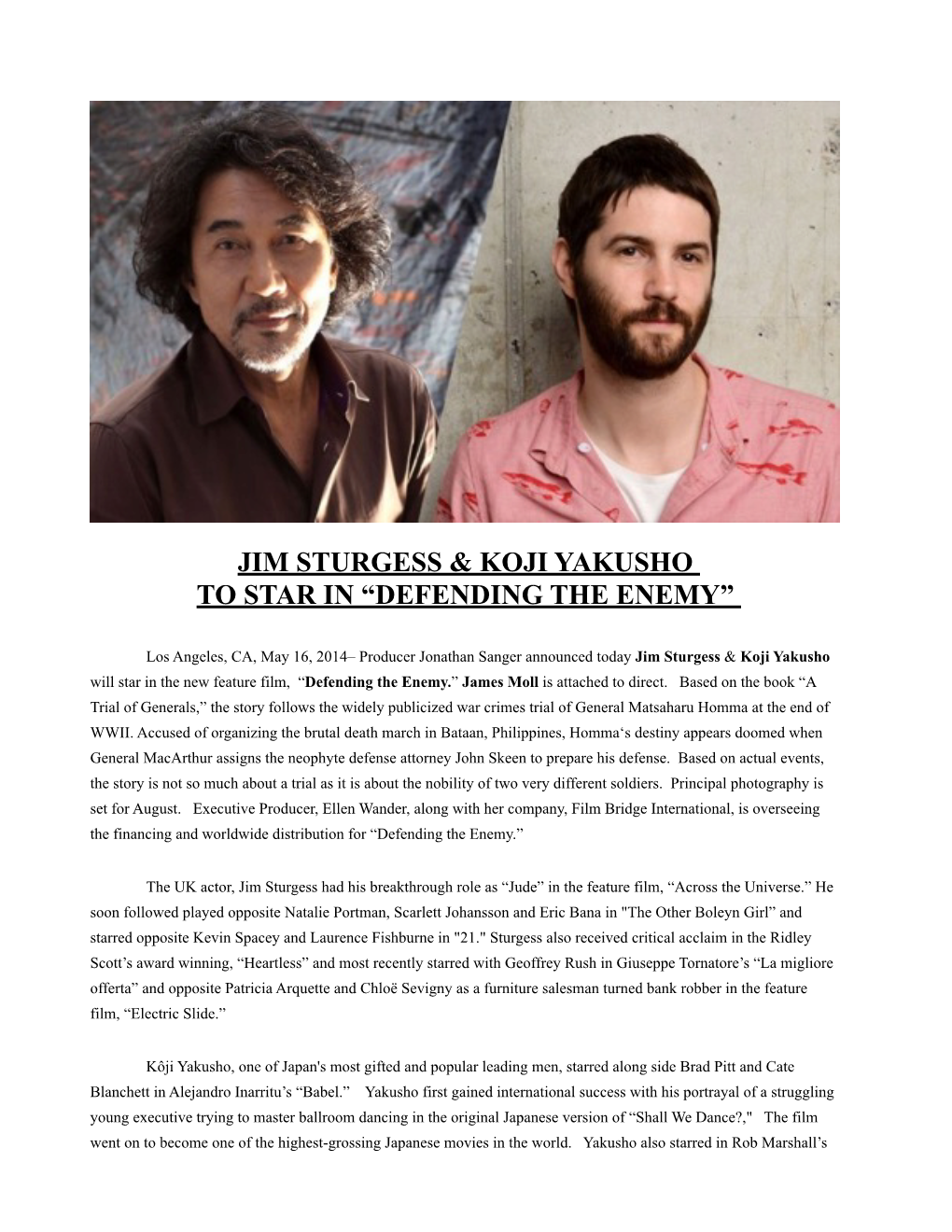 Jim Sturgess & Koji Yakusho to Star in “Defending The