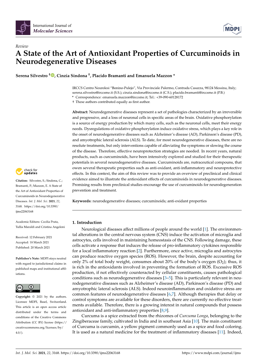 A State of the Art of Antioxidant Properties of Curcuminoids in Neurodegenerative Diseases