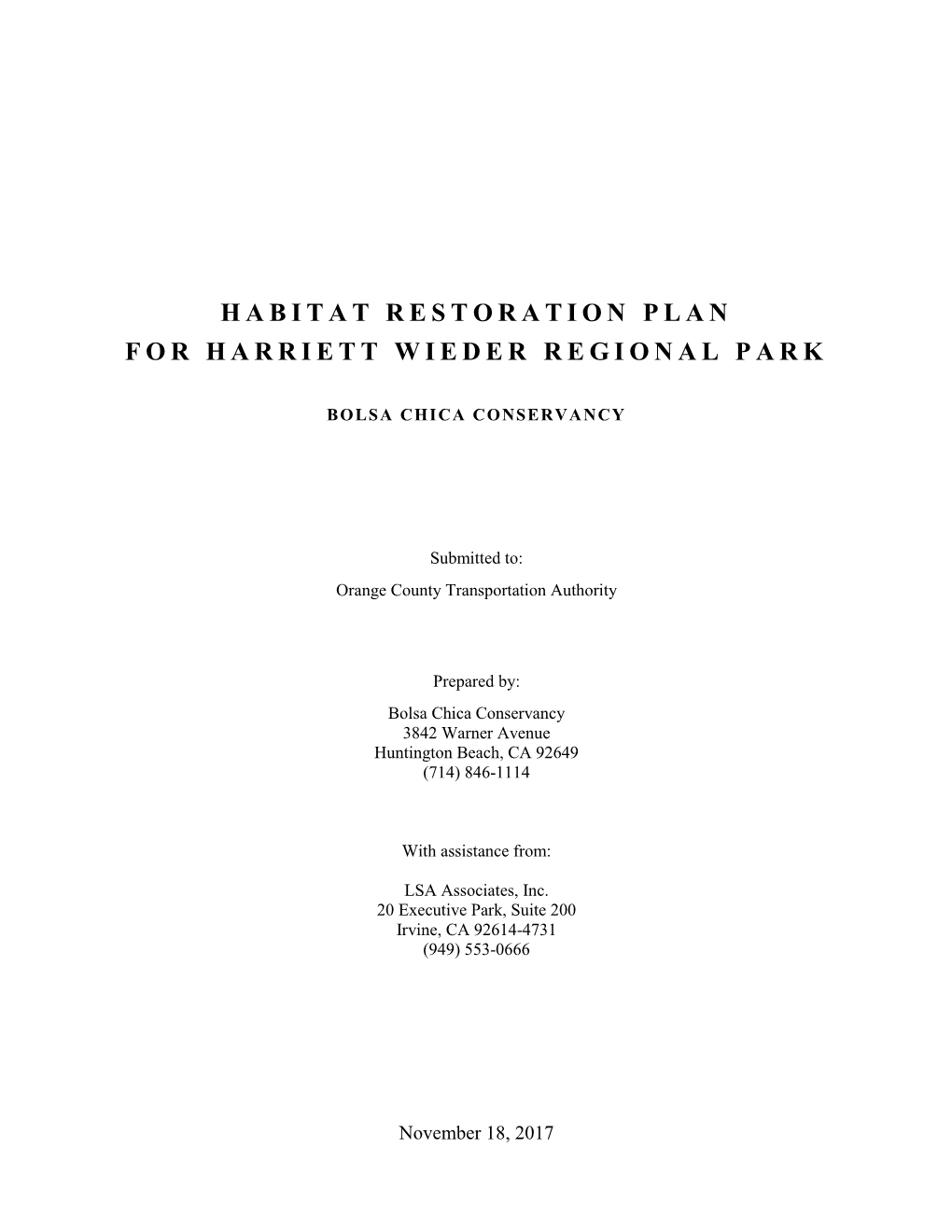 Habitat Restoration Plan for Harriett Wieder Regional Park