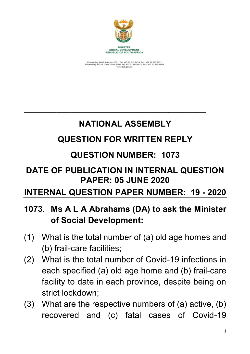 1073 Date of Publication in Internal Question Paper: 05 June 2020 Internal Question Paper Number: 19 - 2020 1073