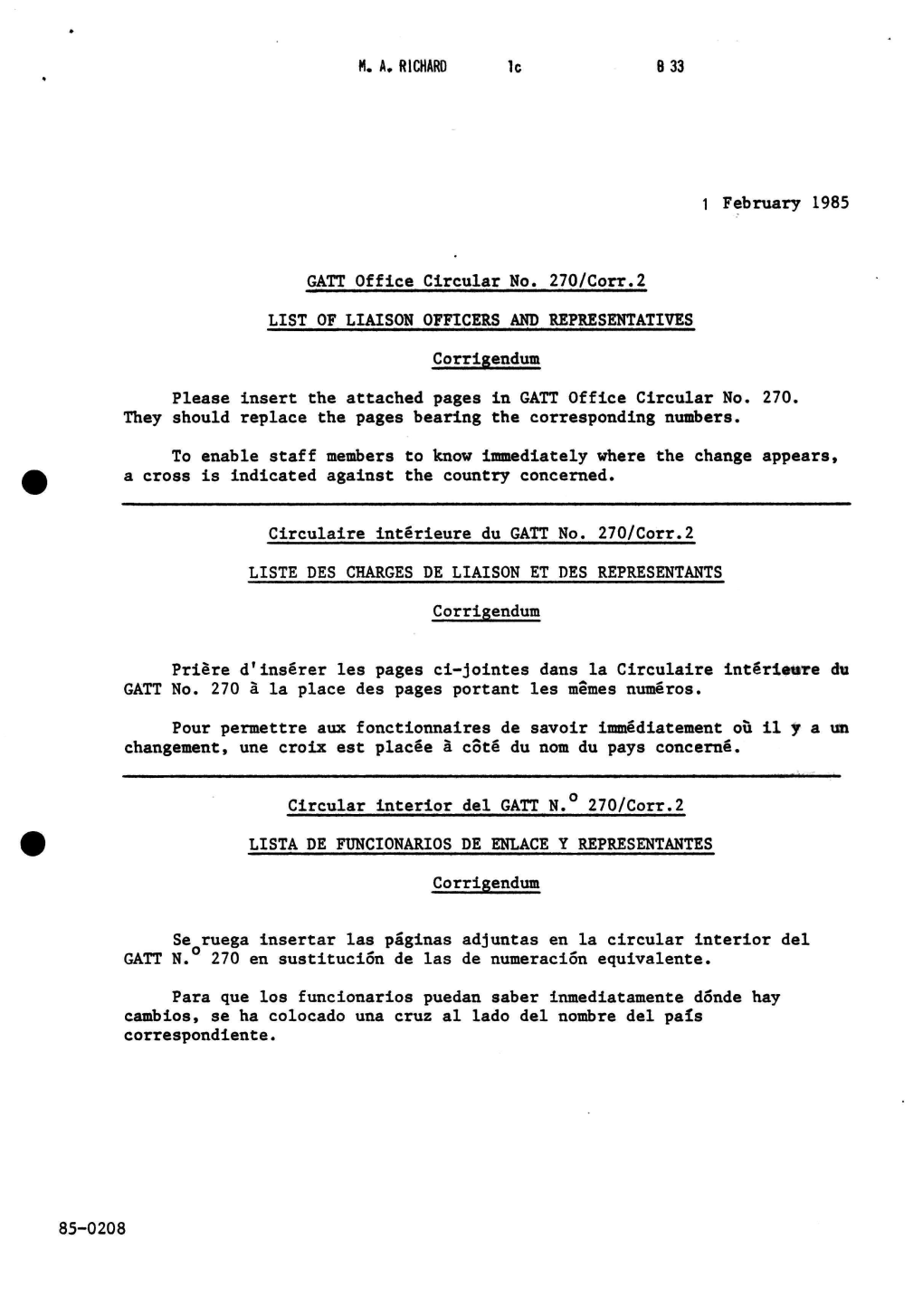 M. A. RICHARD Le 8 33 1 February 1985 GATT Office Circular No. 270