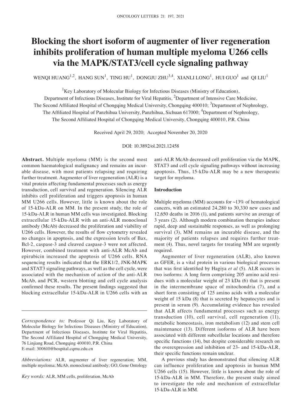 Blocking the Short Isoform of Augmenter of Liver Regeneration Inhibits Proliferation of Human Multiple Myeloma U266 Cells Via T