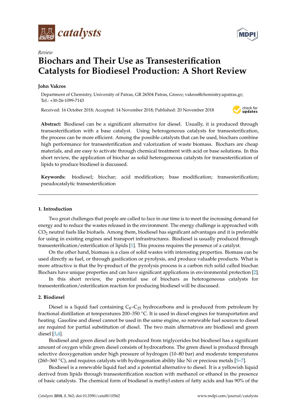 Biochars and Their Use As Transesterification Catalysts for Biodiesel Production