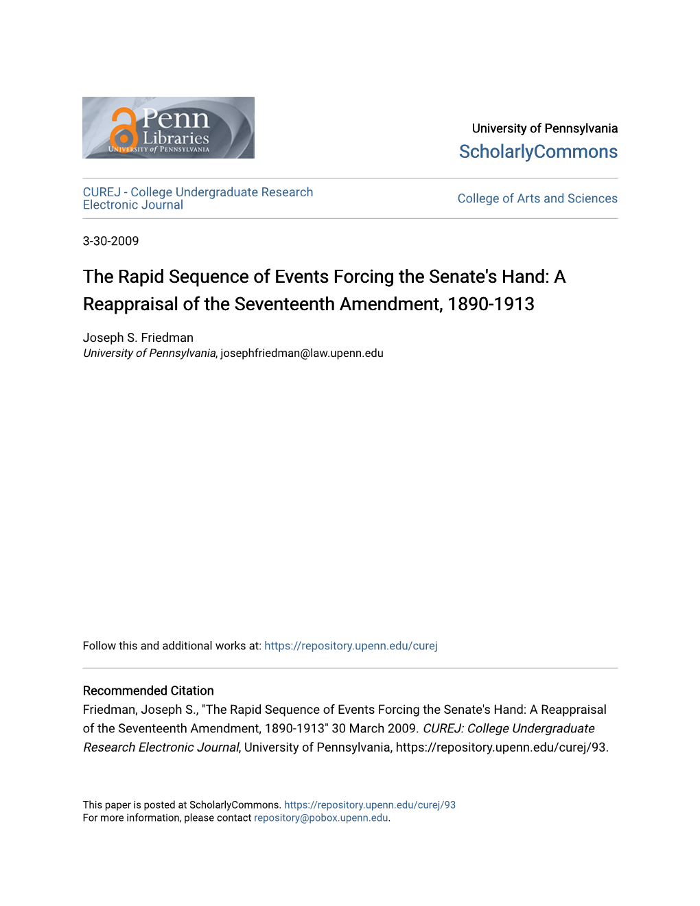 A Reappraisal of the Seventeenth Amendment, 1890-1913