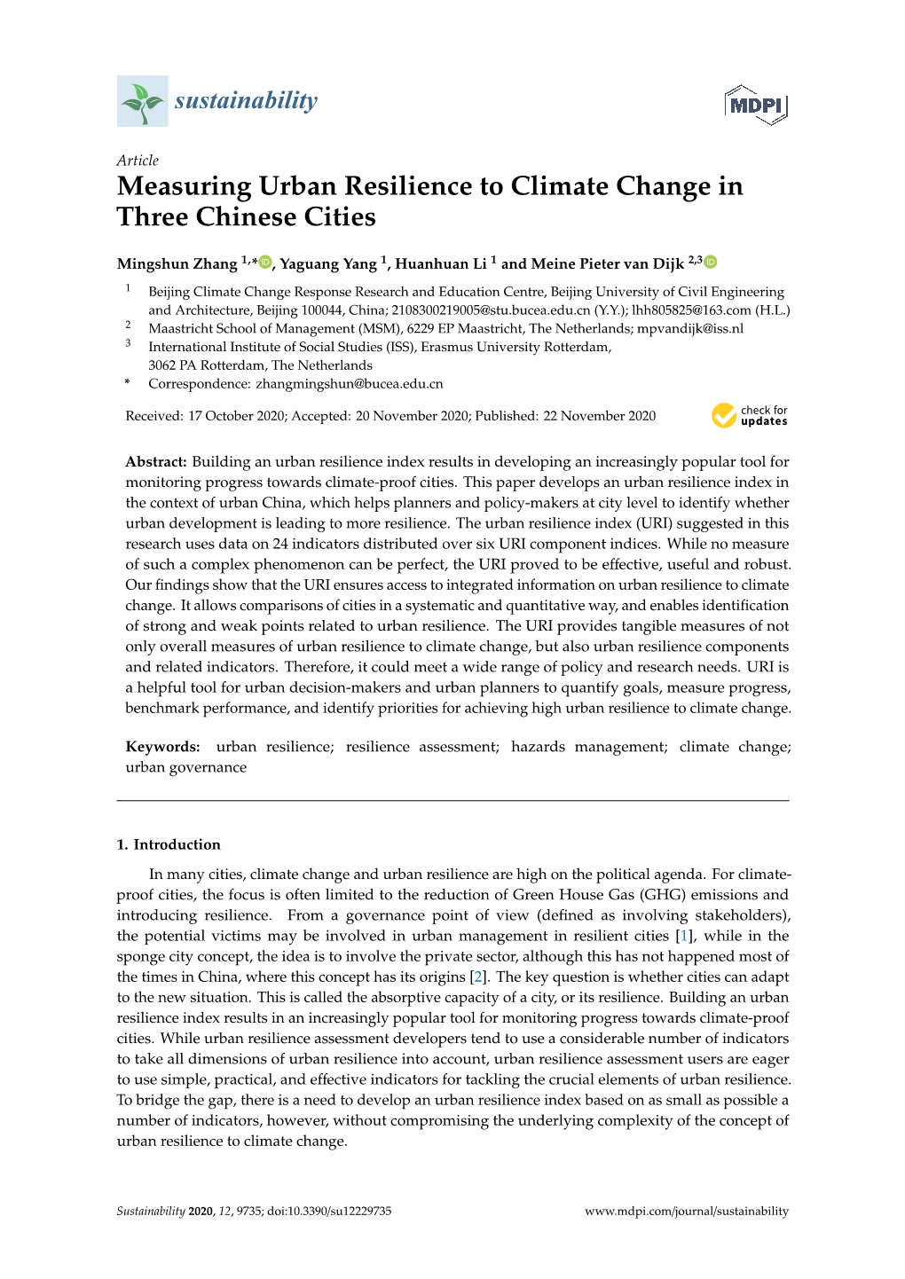 Measuring Urban Resilience to Climate Change in Three Chinese Cities