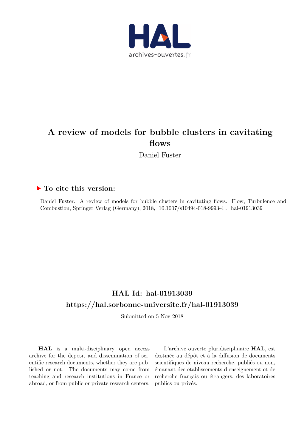 A Review of Models for Bubble Clusters in Cavitating Flows Daniel Fuster