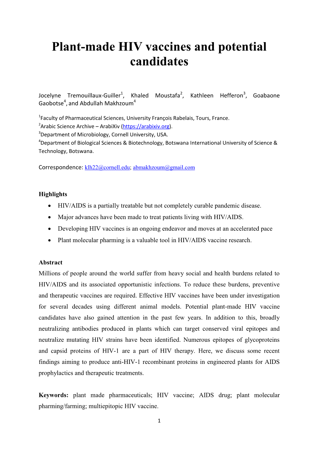 Plant-Made HIV Vaccines and Potential Candidates