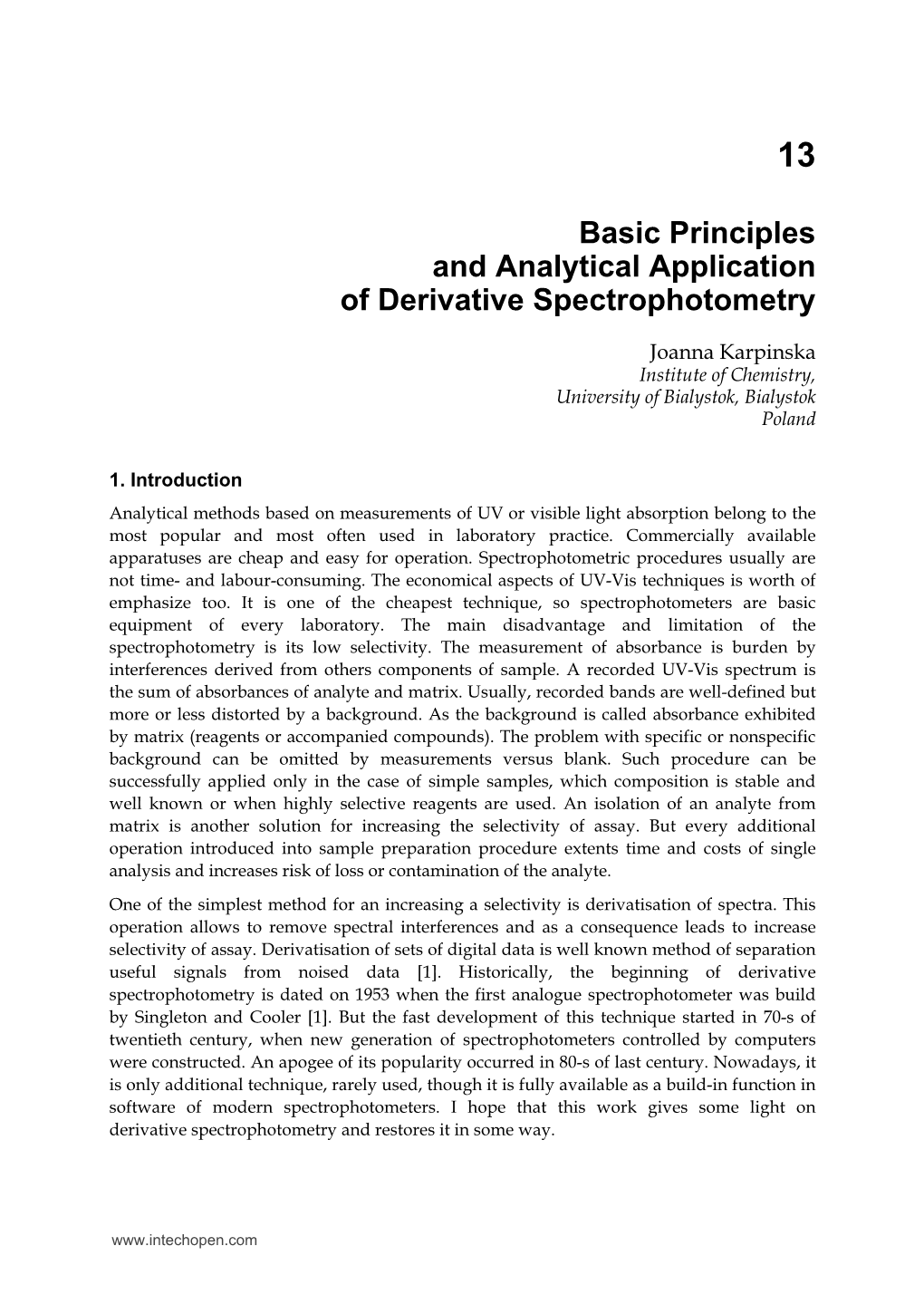 Basic Principles and Analytical Application of Derivative Spectrophotometry