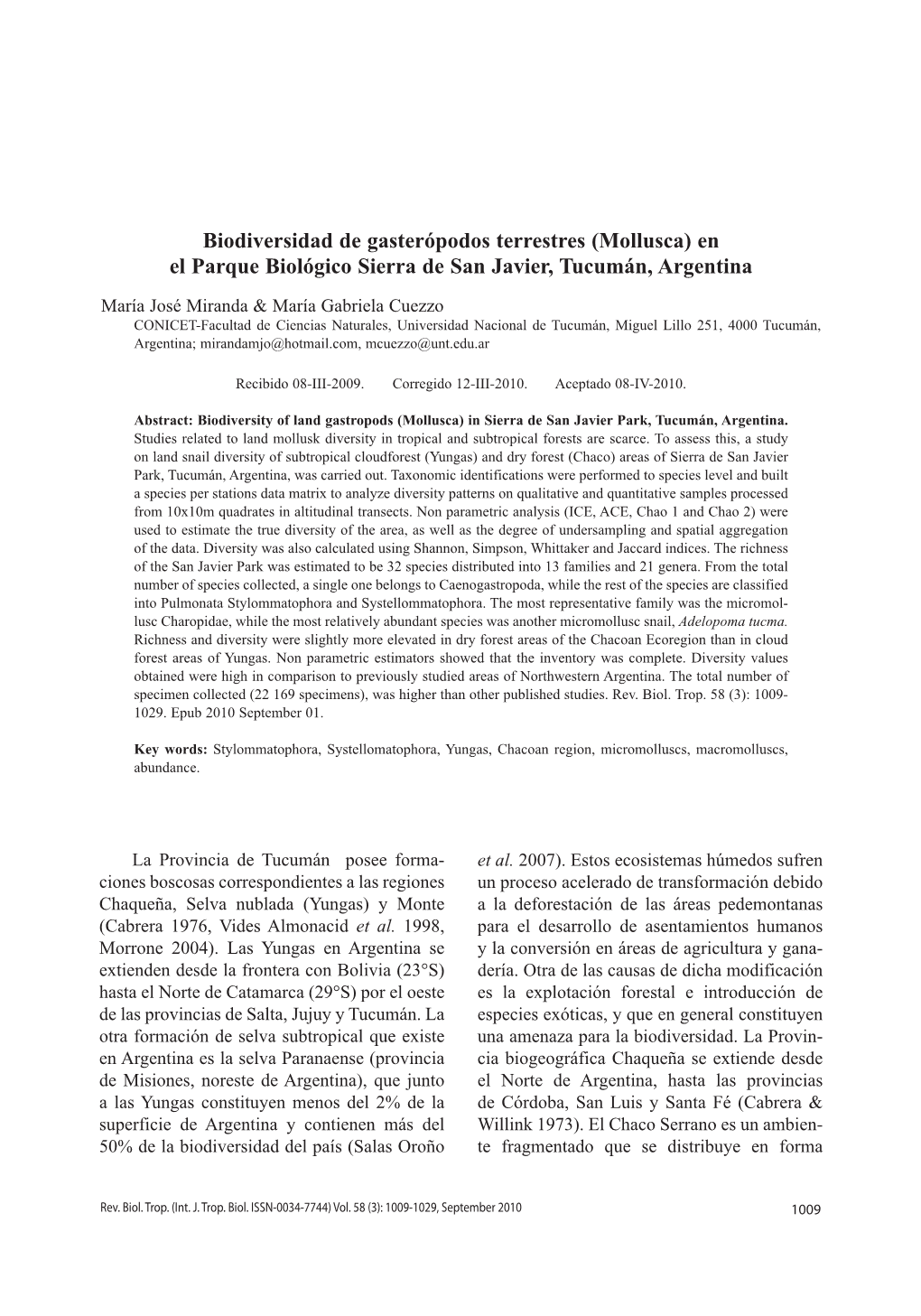 Biodiversidad De Gasterópodos Terrestres (Mollusca) En El Parque Biológico Sierra De San Javier, Tucumán, Argentina