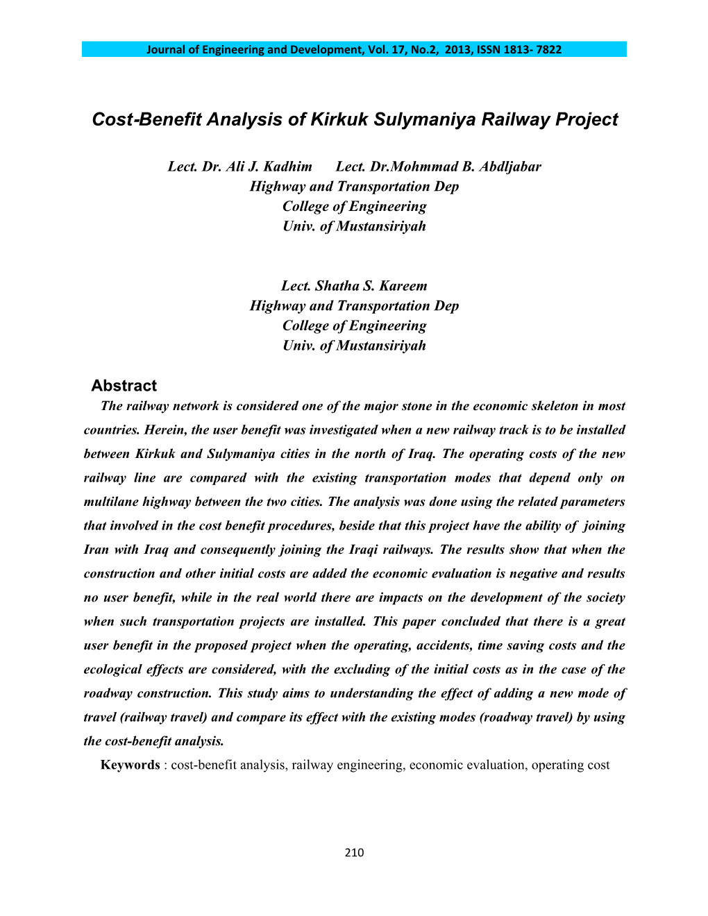 Cost-Benefit Analysis of Kirkuk Sulymaniya Railway Project