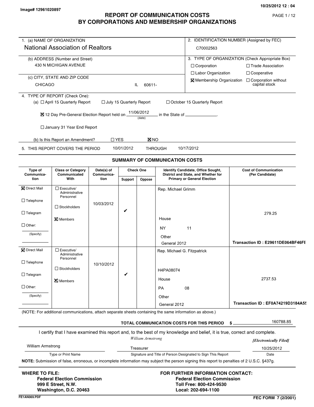 FEC FORM 76 - SUMMARY of C OMMUNICATION COST (Supplemental Page) NAME of ORGANIZATION National Association of Realtors