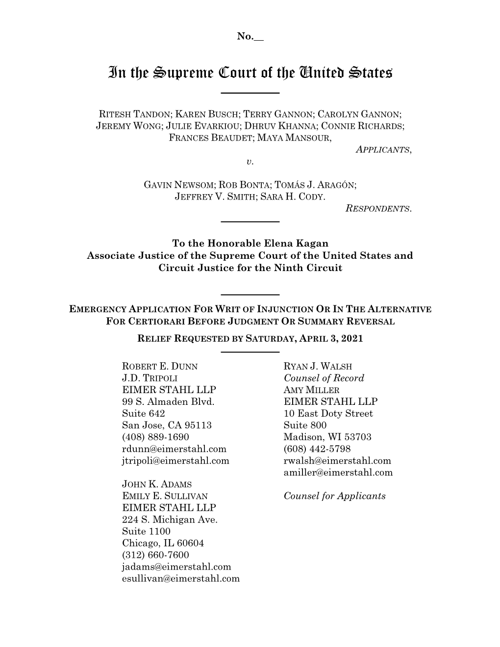 Emergency Application for Writ of Injunction Or in the Alternative for Certiorari Before Judgment Or Summary Reversal