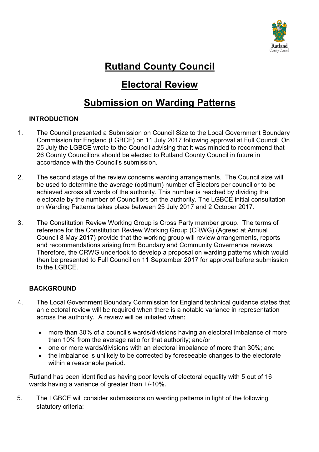 Rutland County Council Electoral Review Submission on Warding Patterns