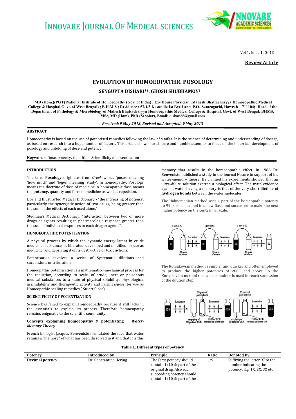 Evolution of Homoeopathic Posology Sengupta Dishari*1, Ghosh Shubhamoy2