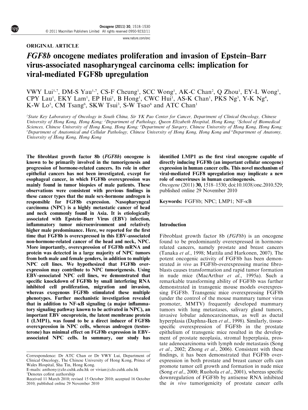 Fgf8b Oncogene Mediates Proliferation and Invasion of Epstein–Barr Virus-Associated Nasopharyngeal Carcinoma Cells: Implication for Viral-Mediated Fgf8b Upregulation