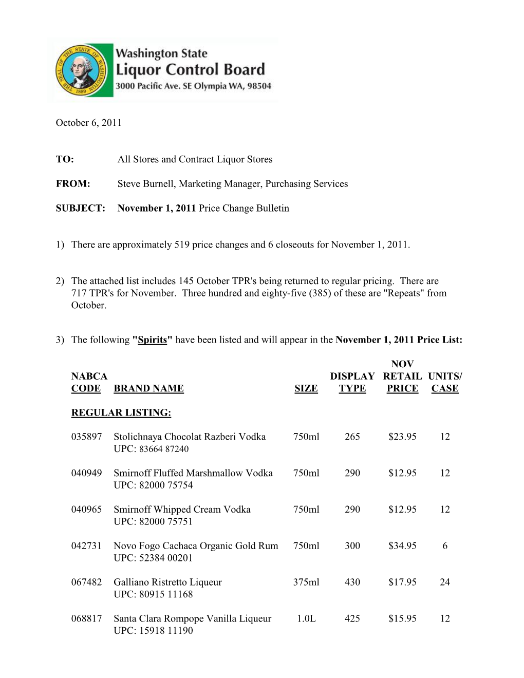 Price Change Bulletin