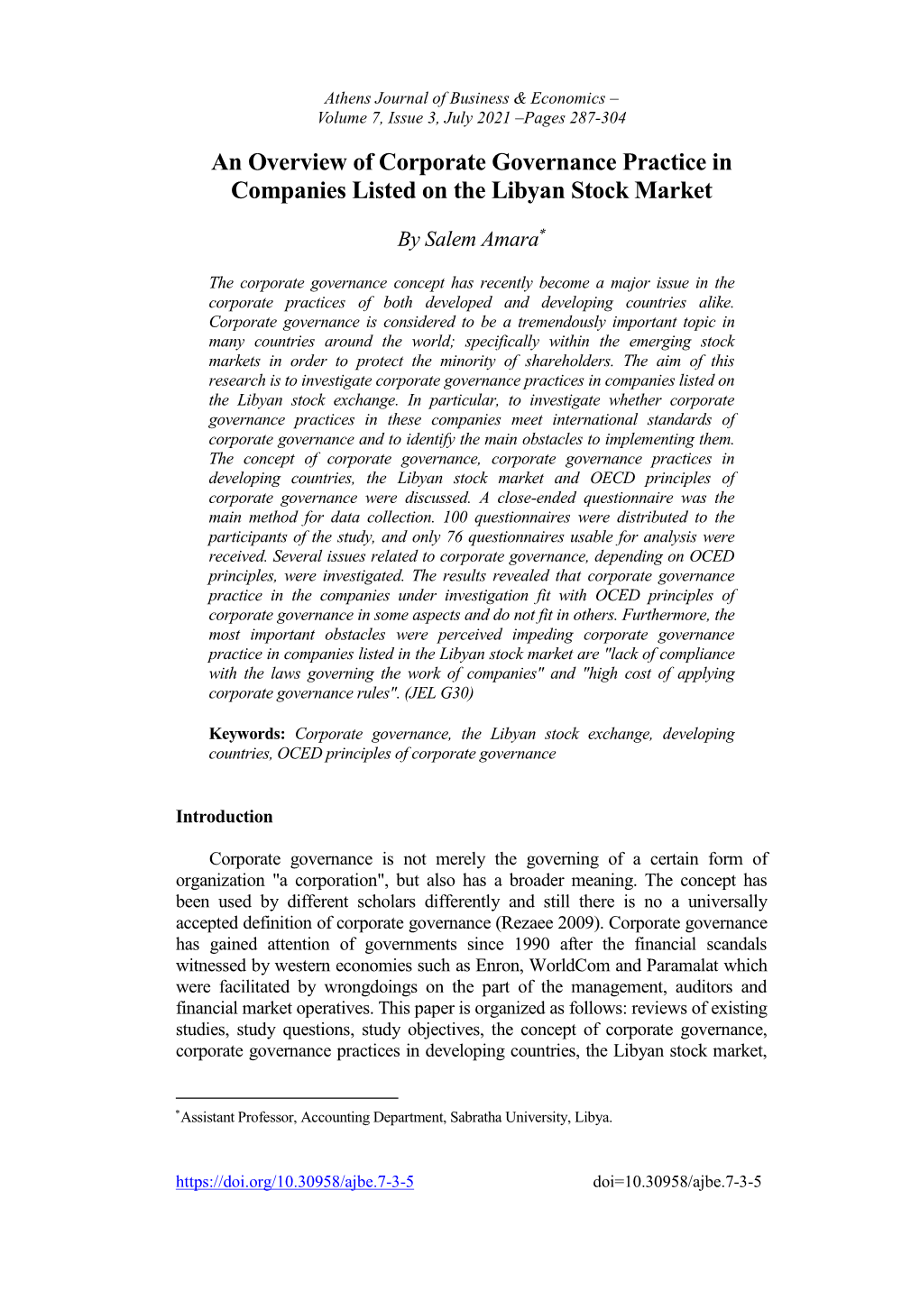 An Overview of Corporate Governance Practice in Companies Listed on the Libyan Stock Market