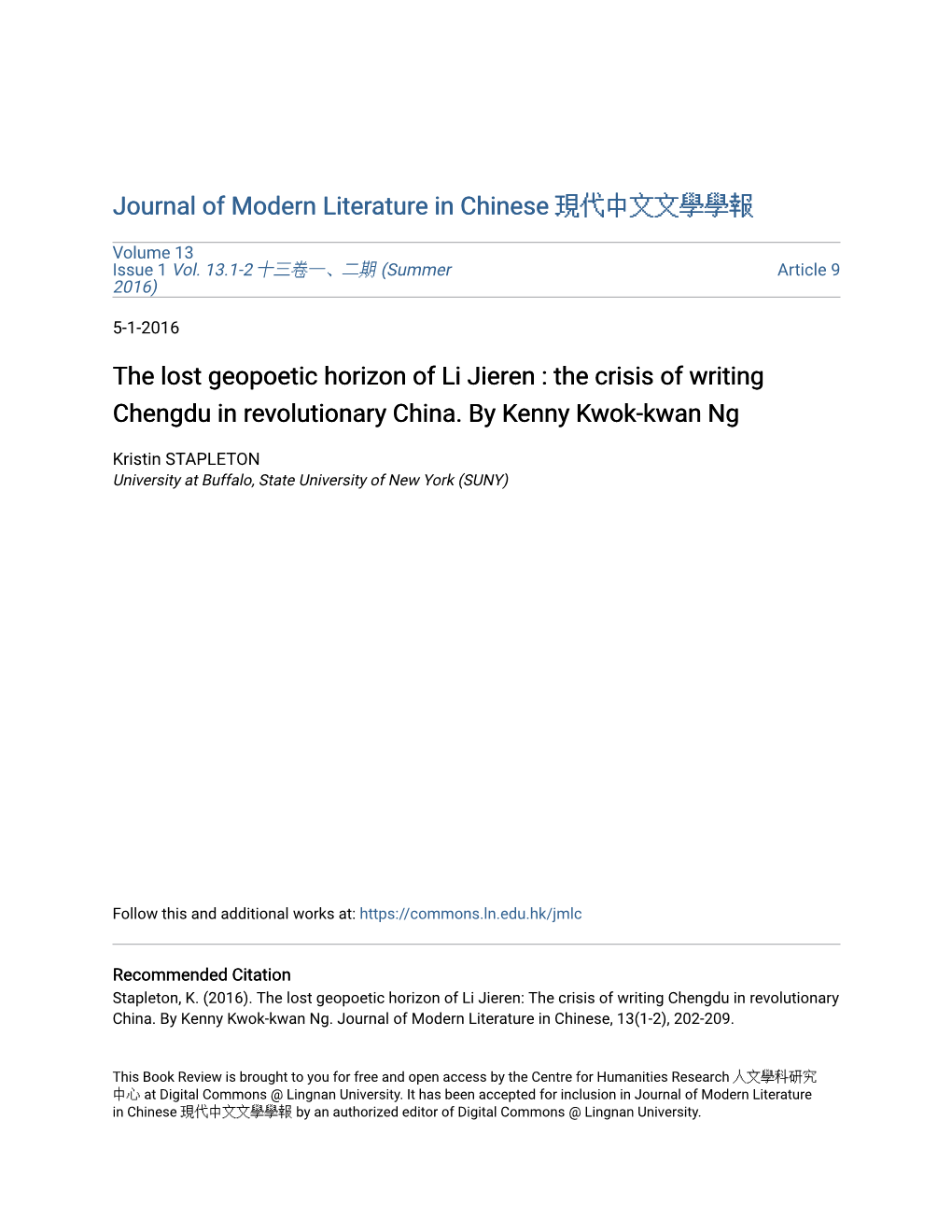 The Lost Geopoetic Horizon of Li Jieren : the Crisis of Writing Chengdu in Revolutionary China