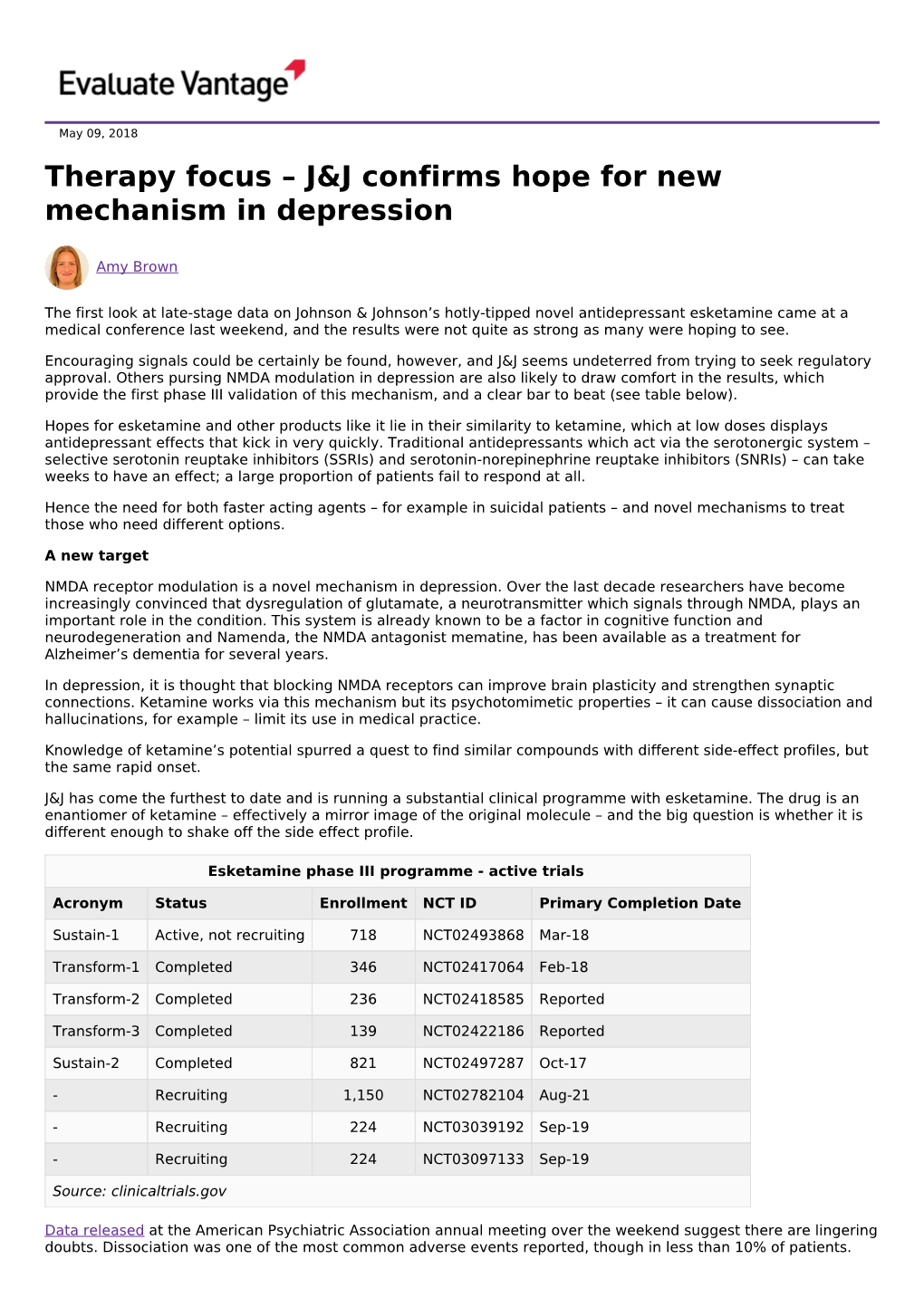 Therapy Focus – J&J Confirms Hope for New Mechanism in Depression