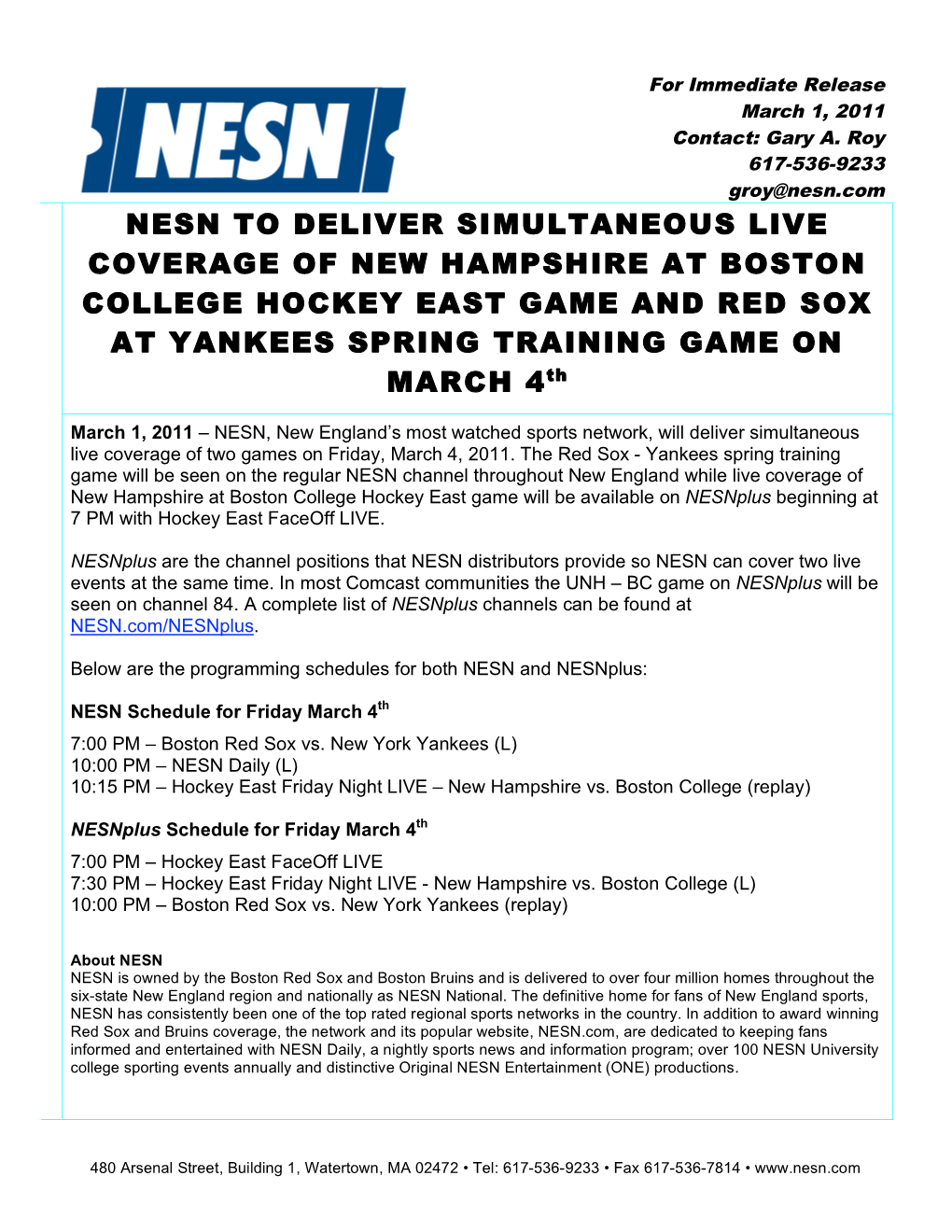 Friday's New Hampshire at Boston College Game to Be Telecast On