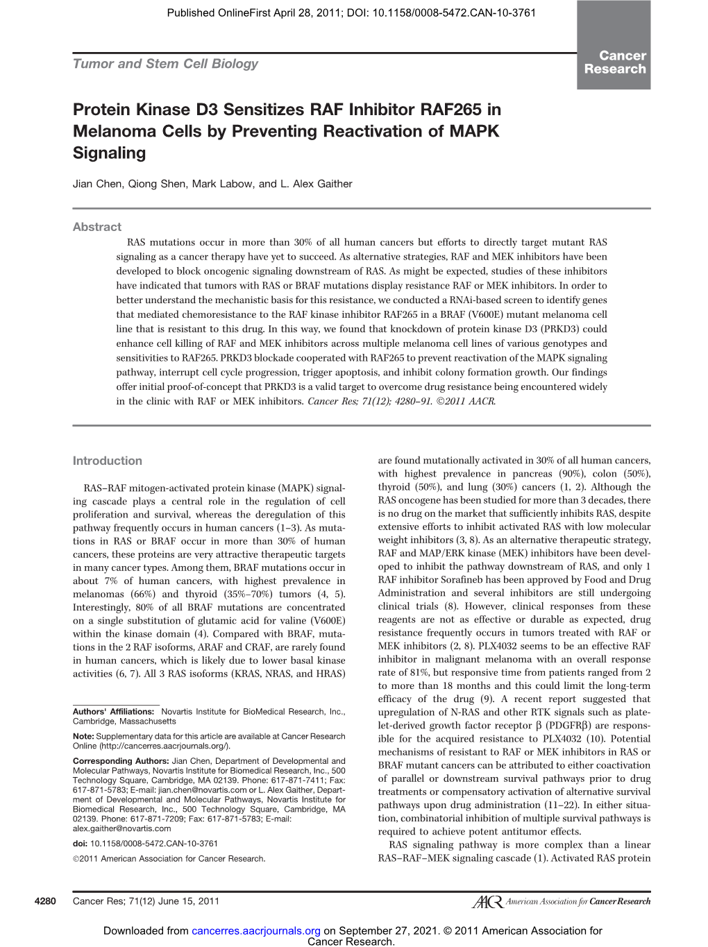 Protein Kinase D3 Sensitizes RAF Inhibitor RAF265 in Melanoma Cells by Preventing Reactivation of MAPK Signaling