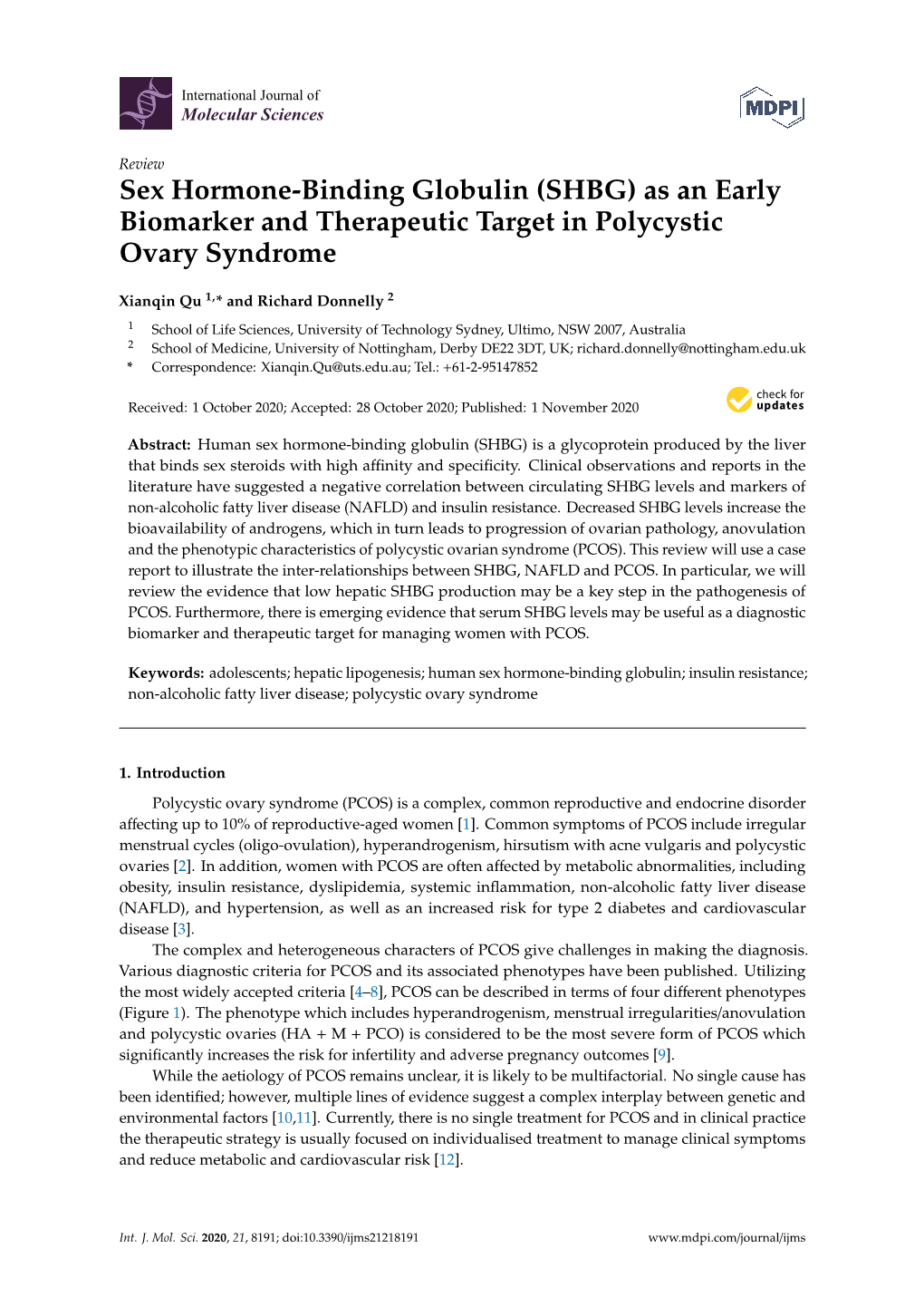 Sex Hormone-Binding Globulin (SHBG) As an Early Biomarker and Therapeutic Target in Polycystic Ovary Syndrome