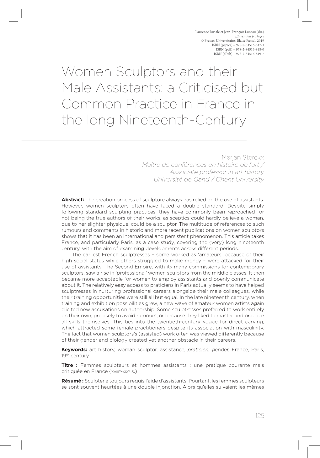 Women Sculptors and Their Male Assistants: a Criticised but Common Practice in France in the Long Nineteenth-Century