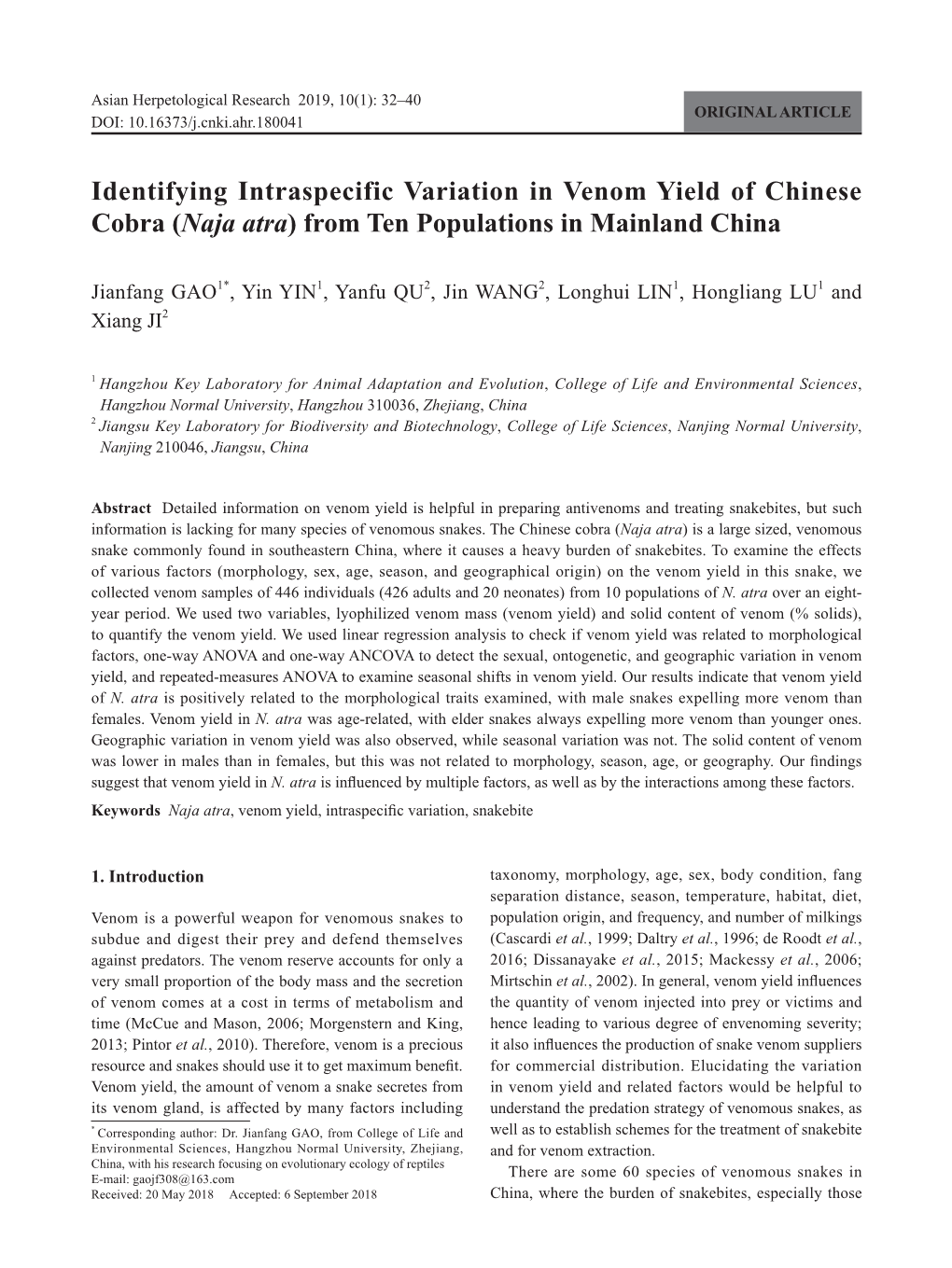 Identifying Intraspecific Variation in Venom Yield of Chinese Cobra (Naja Atra) from Ten Populations in Mainland China