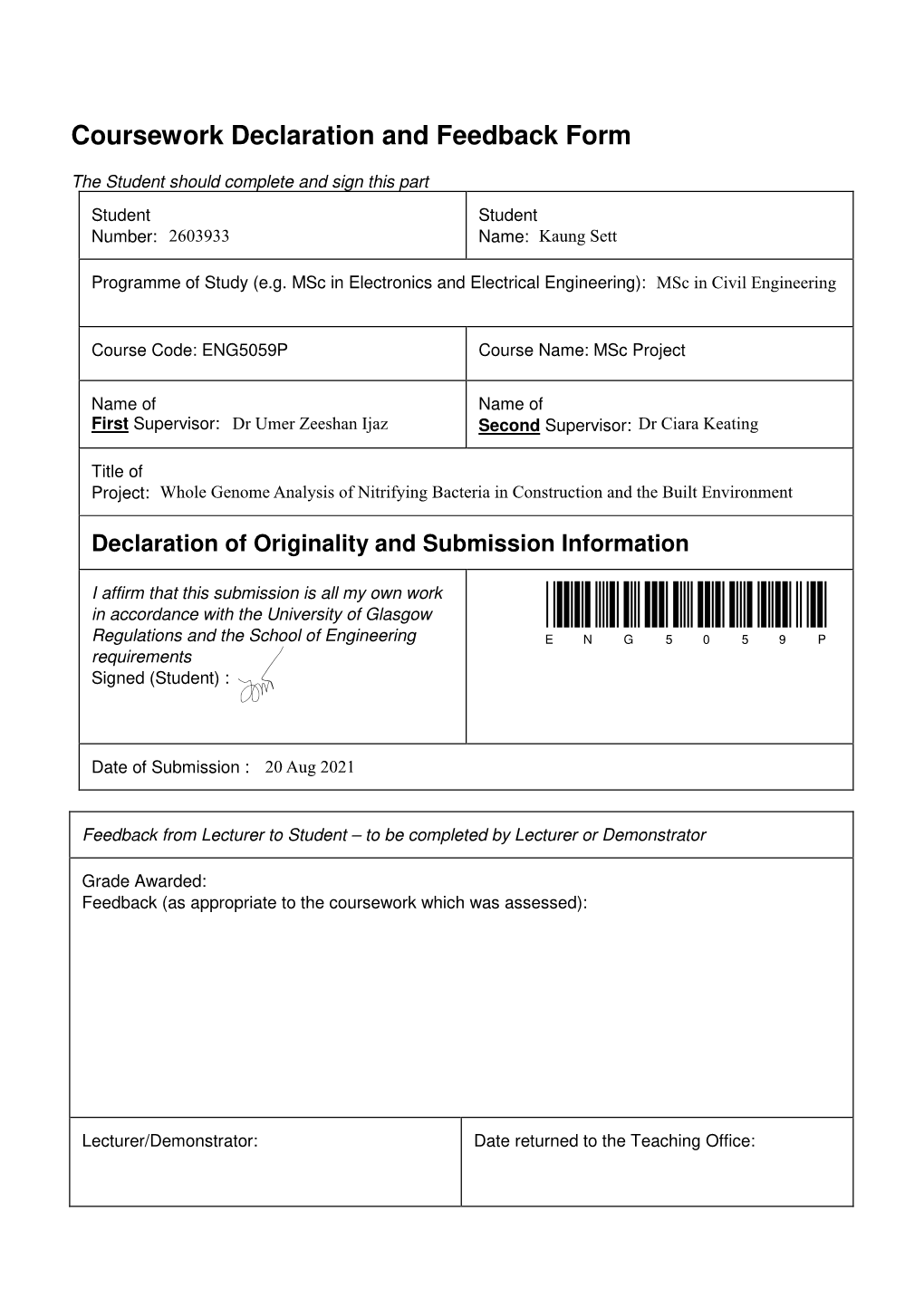 Coursework Declaration and Feedback Form