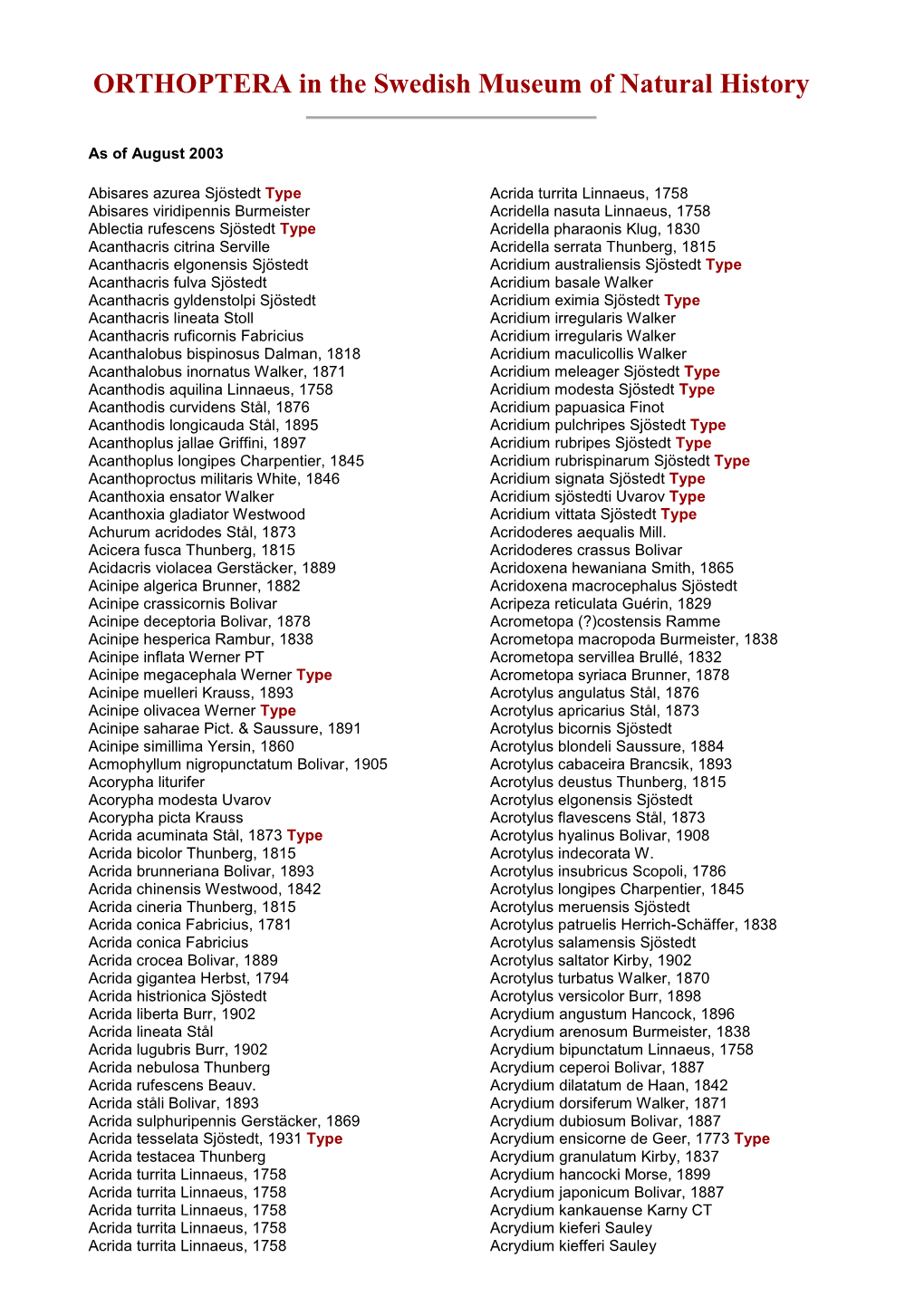 ORTHOPTERA in the Swedish Museum of Natural History
