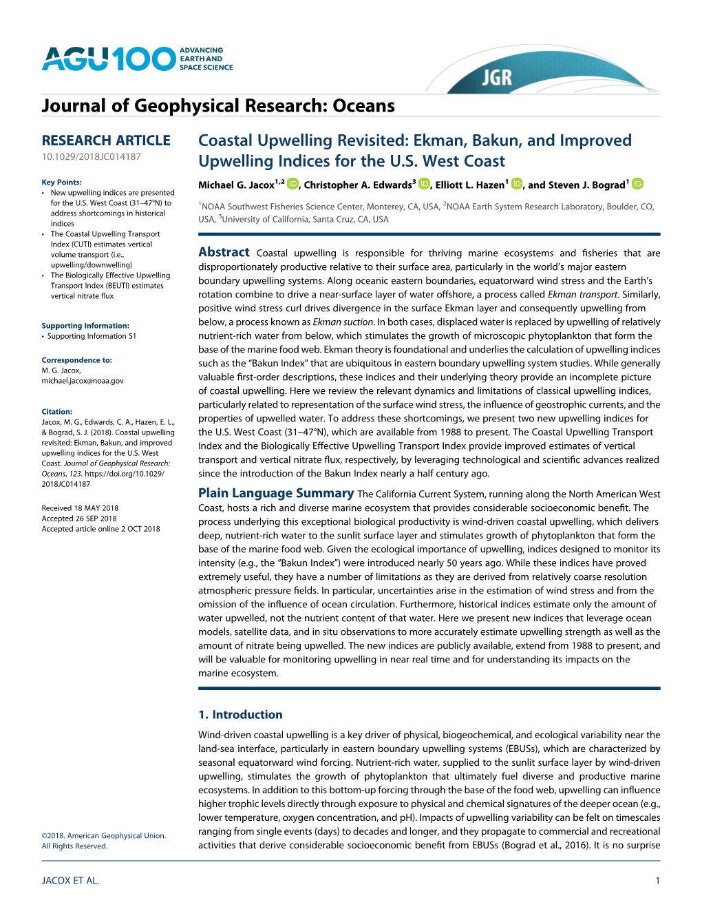 Coastal Upwelling Revisited: Ekman, Bakun, and Improved 10.1029/2018JC014187 Upwelling Indices for the U.S