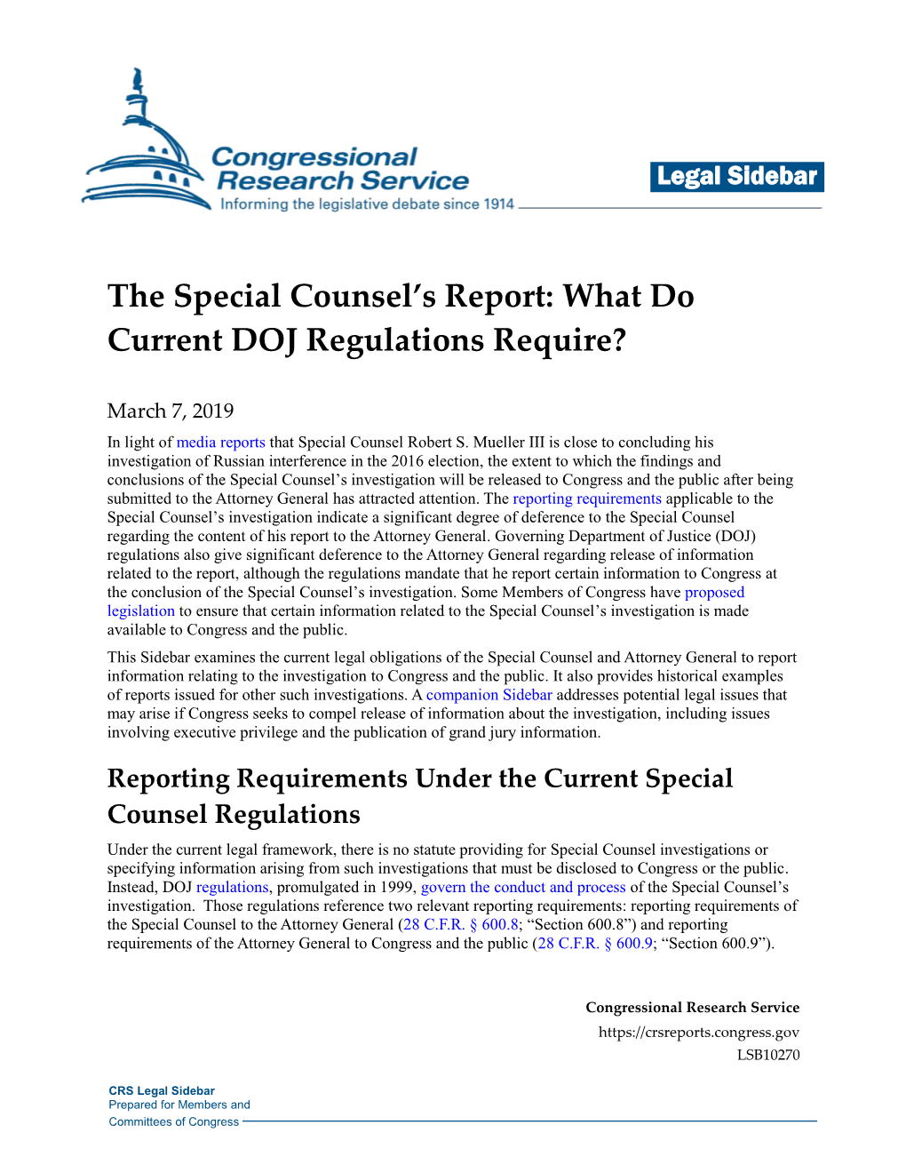 The Special Counsel's Report: What Do Current DOJ Regulations