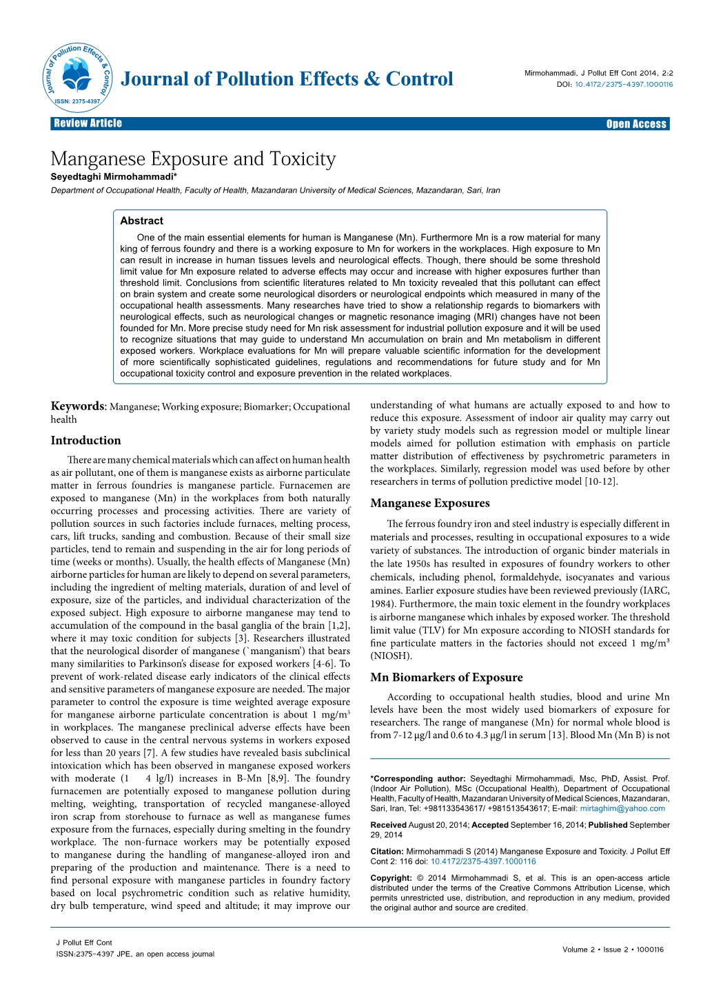 Manganese Exposure and Toxicity