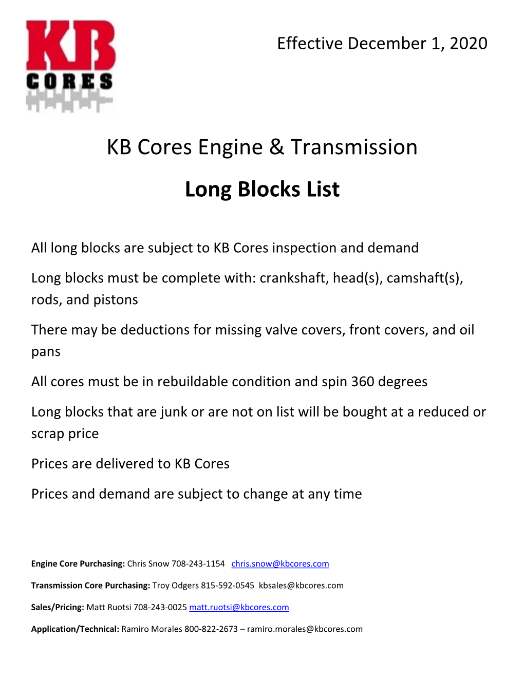 KB Cores Engine & Transmission Long Blocks List