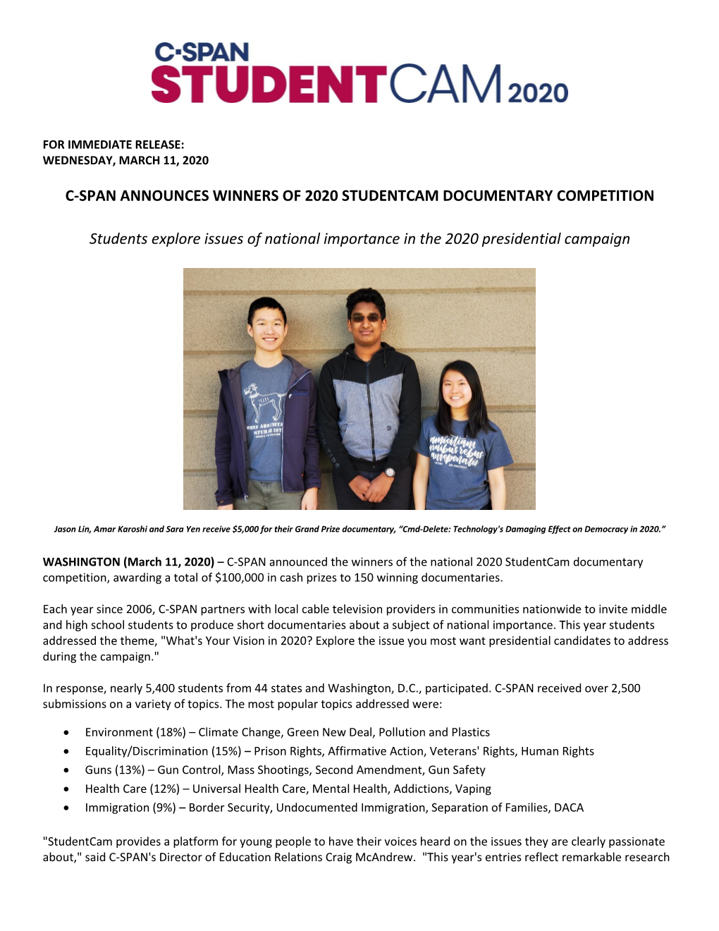 C-Span Announces Winners of 2020 Studentcam Documentary Competition
