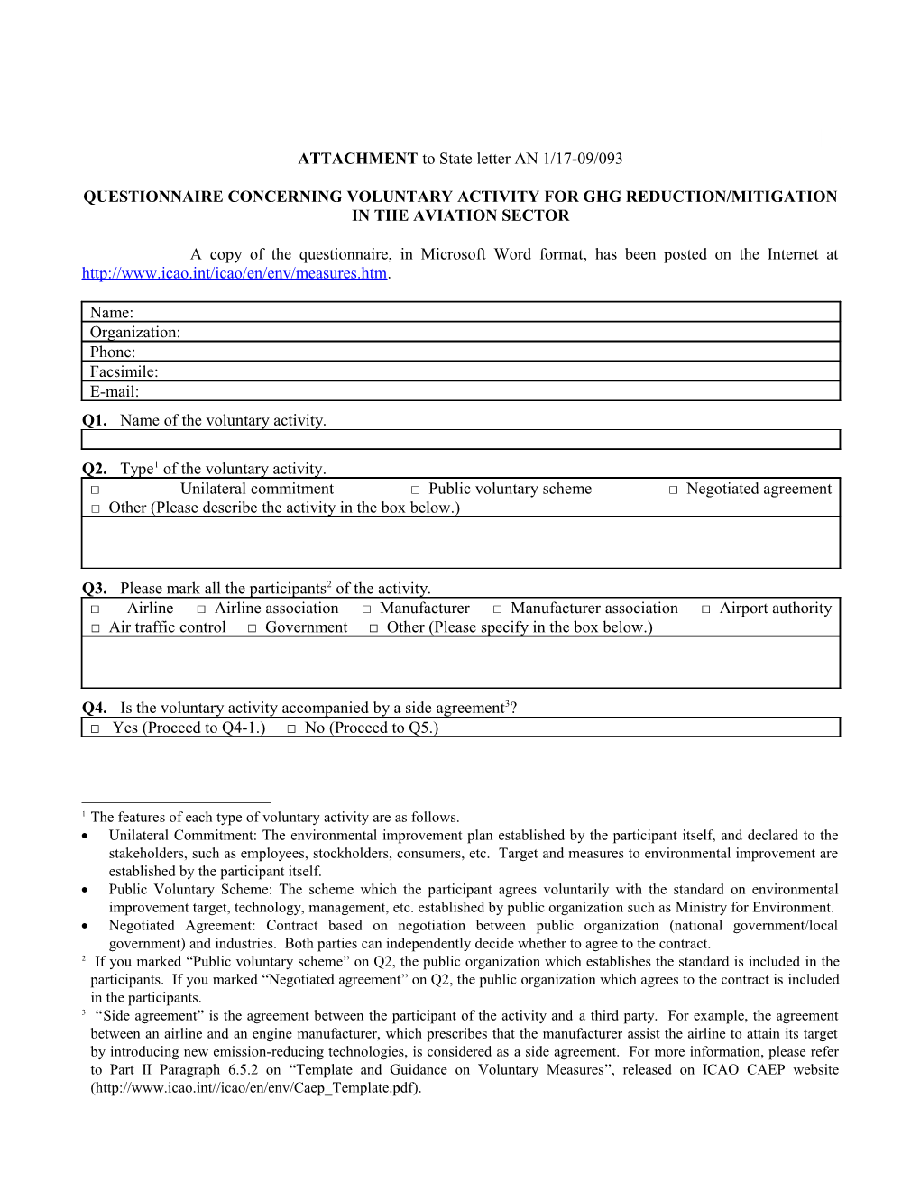 Questionnaire Concerning Voluntary Activity for Ghg Reduction/Mitigation in the Aviation