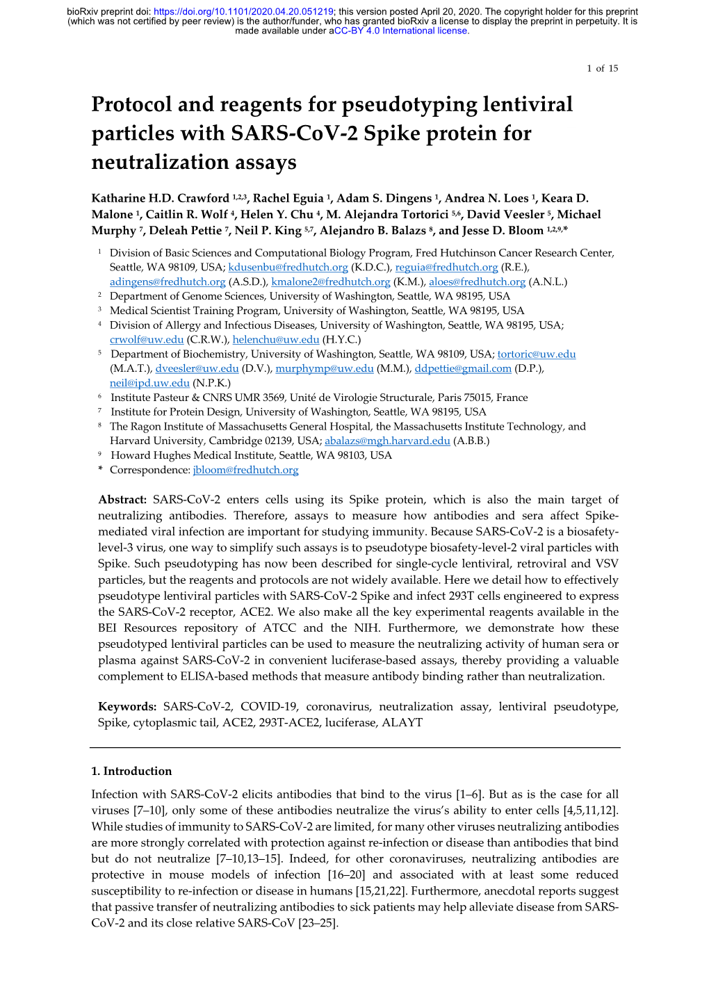 Protocol and Reagents for Pseudotyping Lentiviral Particles with SARS-Cov-2 Spike Protein for Neutralization Assays