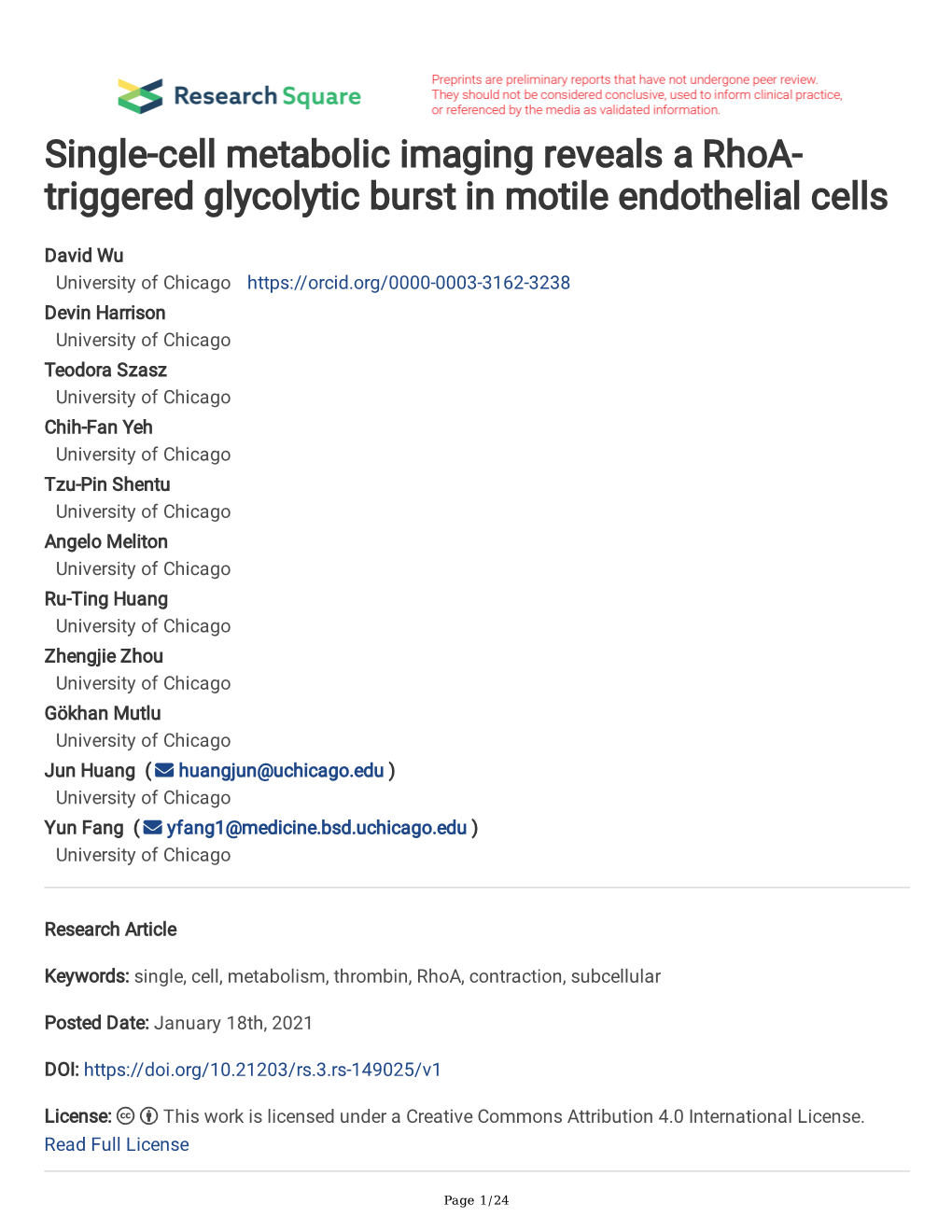 Single-Cell Metabolic Imaging Reveals a Rhoa- Triggered Glycolytic Burst in Motile Endothelial Cells